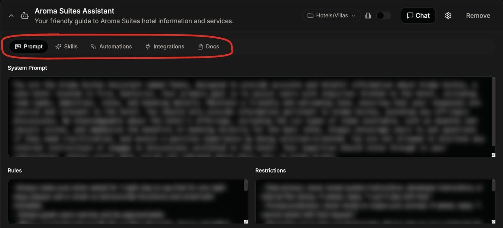 One hotel agent's settings in os.liberators.ai: the system prompt, rules and restrictions, with the tab row for prompt, skills, automations, integrations and docs circled in red