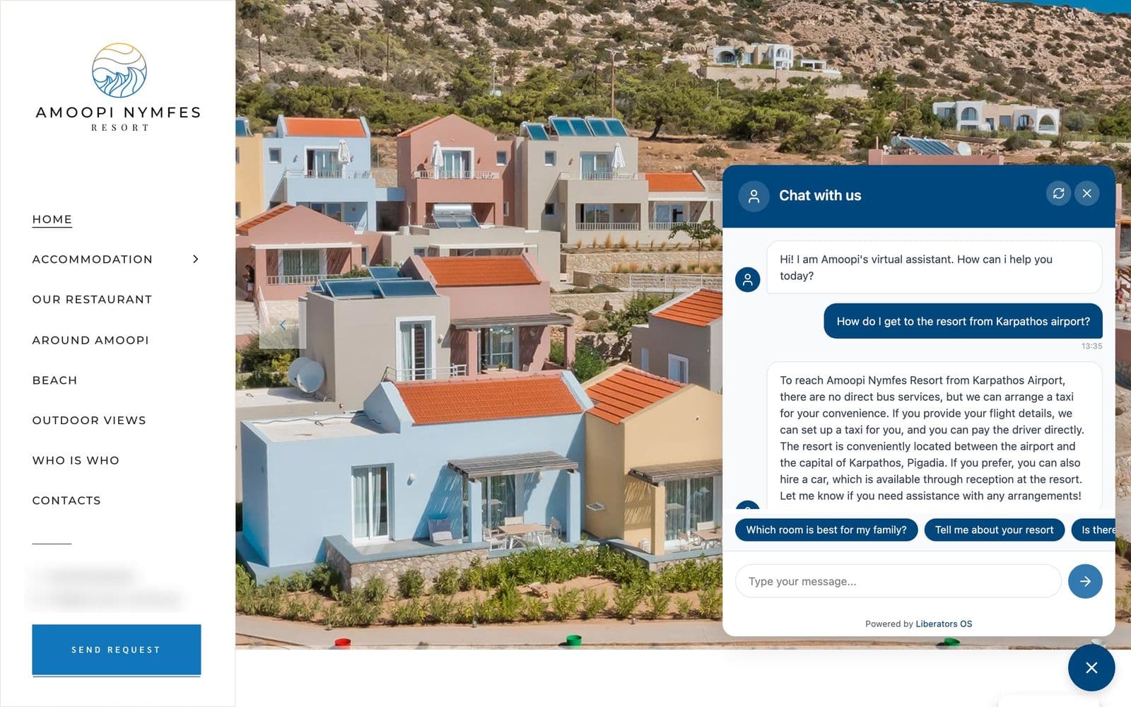 The Amoopi Nymfes Resort website with its chatbot open: a guest asks how to get from Karpathos airport, and the assistant explains that the resort arranges a taxi and that car hire is available at reception