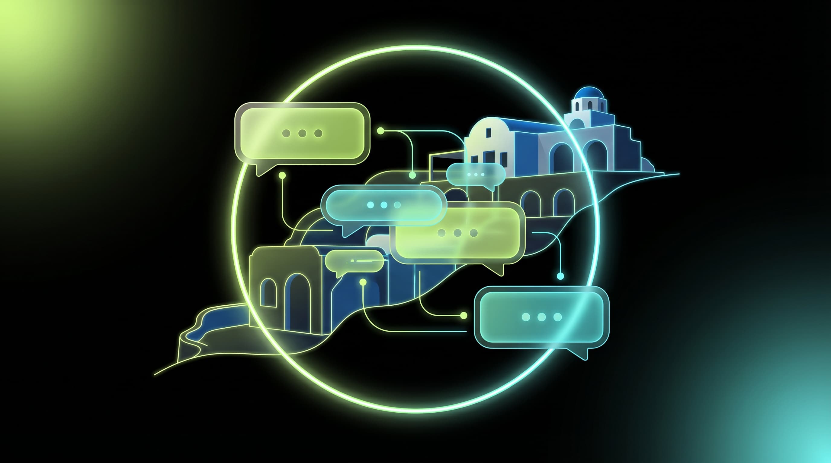 Glowing chat conversation bubbles flowing into a Santorini cave hotel silhouette, lime green and cyan neon ring on black background