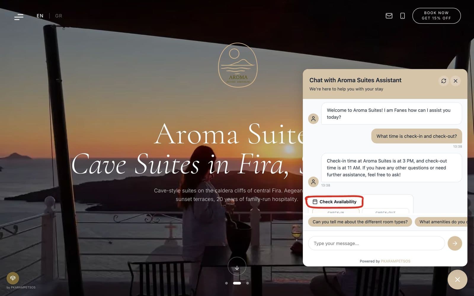The Aroma Suites homepage with the chat open: the assistant answers the check-in and check-out times, and a Check Availability panel, circled in red, opens under the answer with check-in and check-out fields
