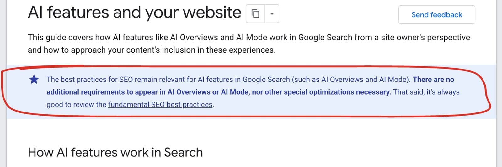 Google Search Central's page AI features and your website, with the highlighted note circled in red: there are no additional requirements to appear in AI Overviews or AI Mode, nor other special optimizations necessary