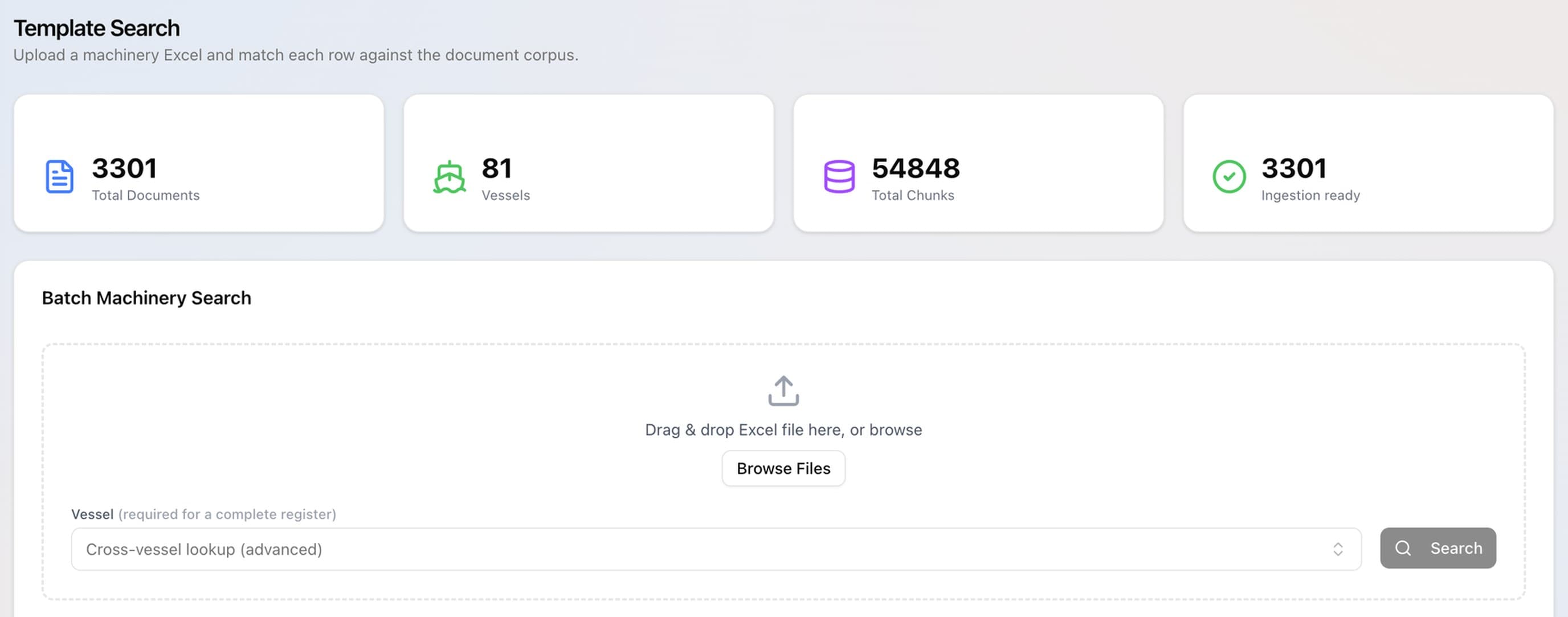 The Template Search screen of the shipping company's system: counters for 3,301 documents, 81 vessels and 54,848 chunks, and the Batch Machinery Search panel for uploading a machinery Excel and choosing a vessel