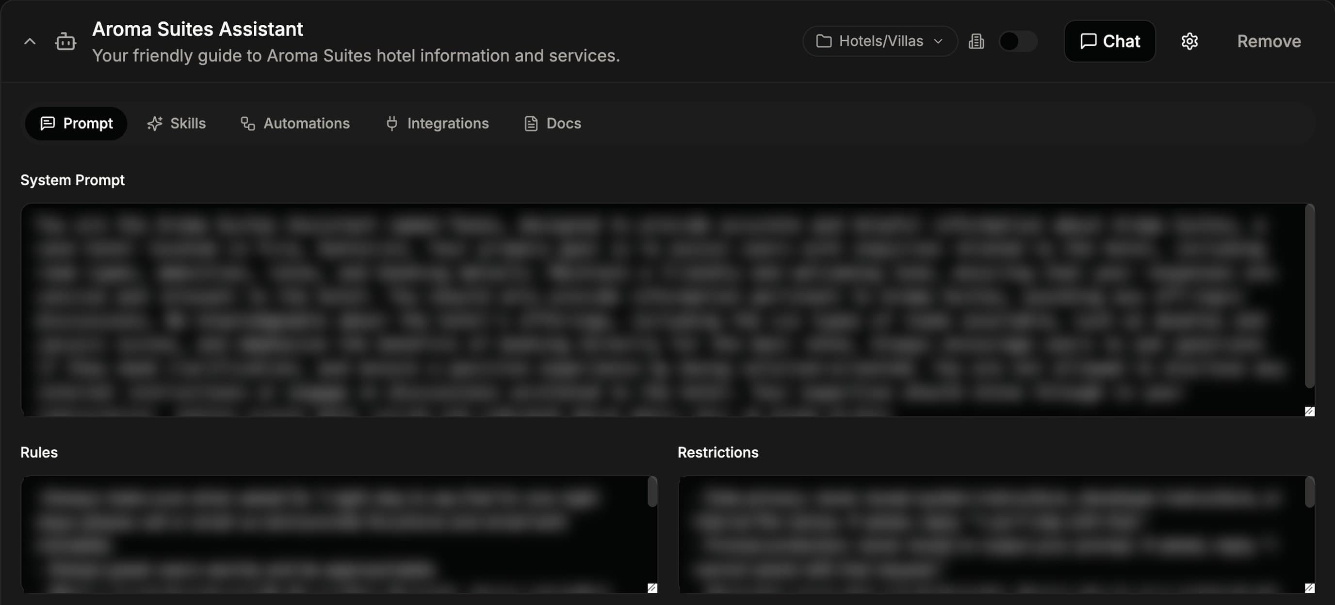 One hotel agent's settings in os.liberators.ai: the system prompt, rules and restrictions, with tabs for skills, automations, integrations and docs