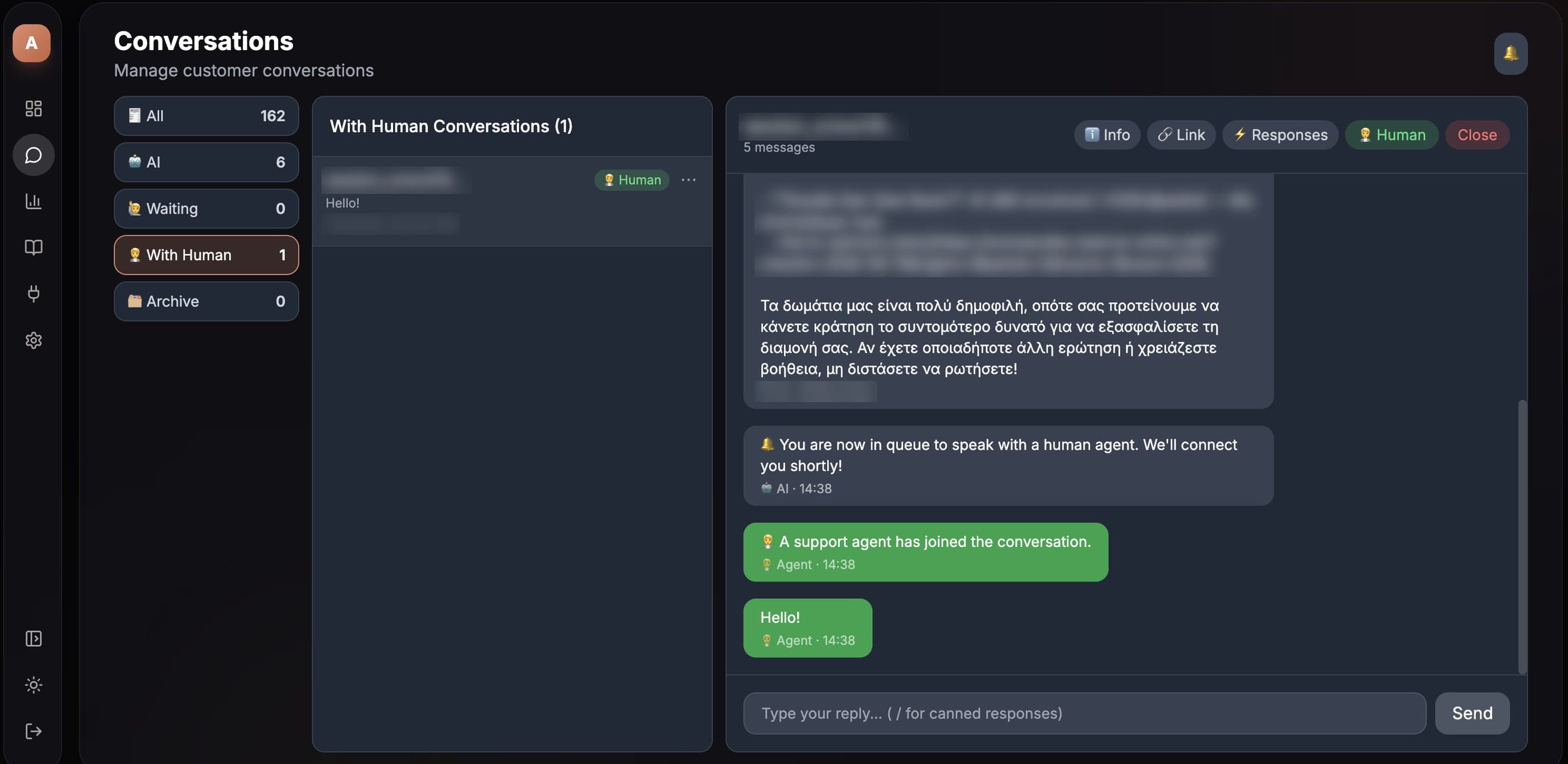 A conversation in the os.liberators.ai inbox that the chatbot handed over to a person, with the guest's name and details blurred