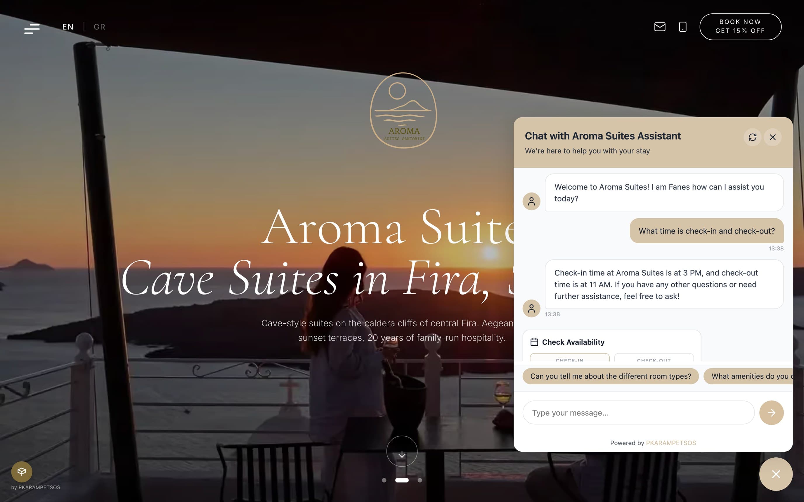 The Aroma Suites homepage with the chat open: a guest asks for check-in and check-out times, the assistant answers 3 PM and 11 AM, and an availability calendar appears under the answer