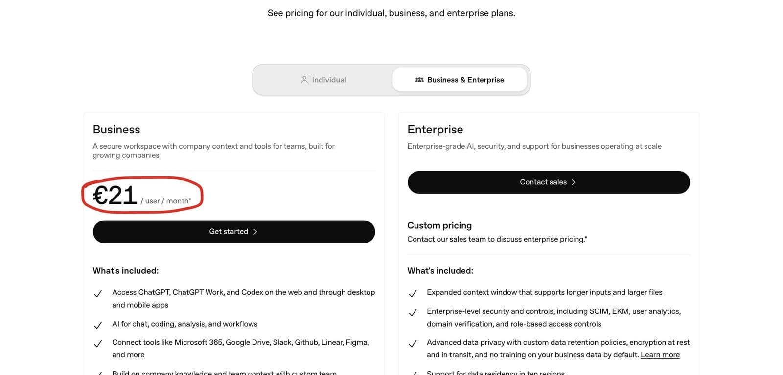 OpenAI's ChatGPT pricing page on the Business and Enterprise tab, with the Business plan price of 21 euros per user per month circled in red, next to Enterprise with custom pricing