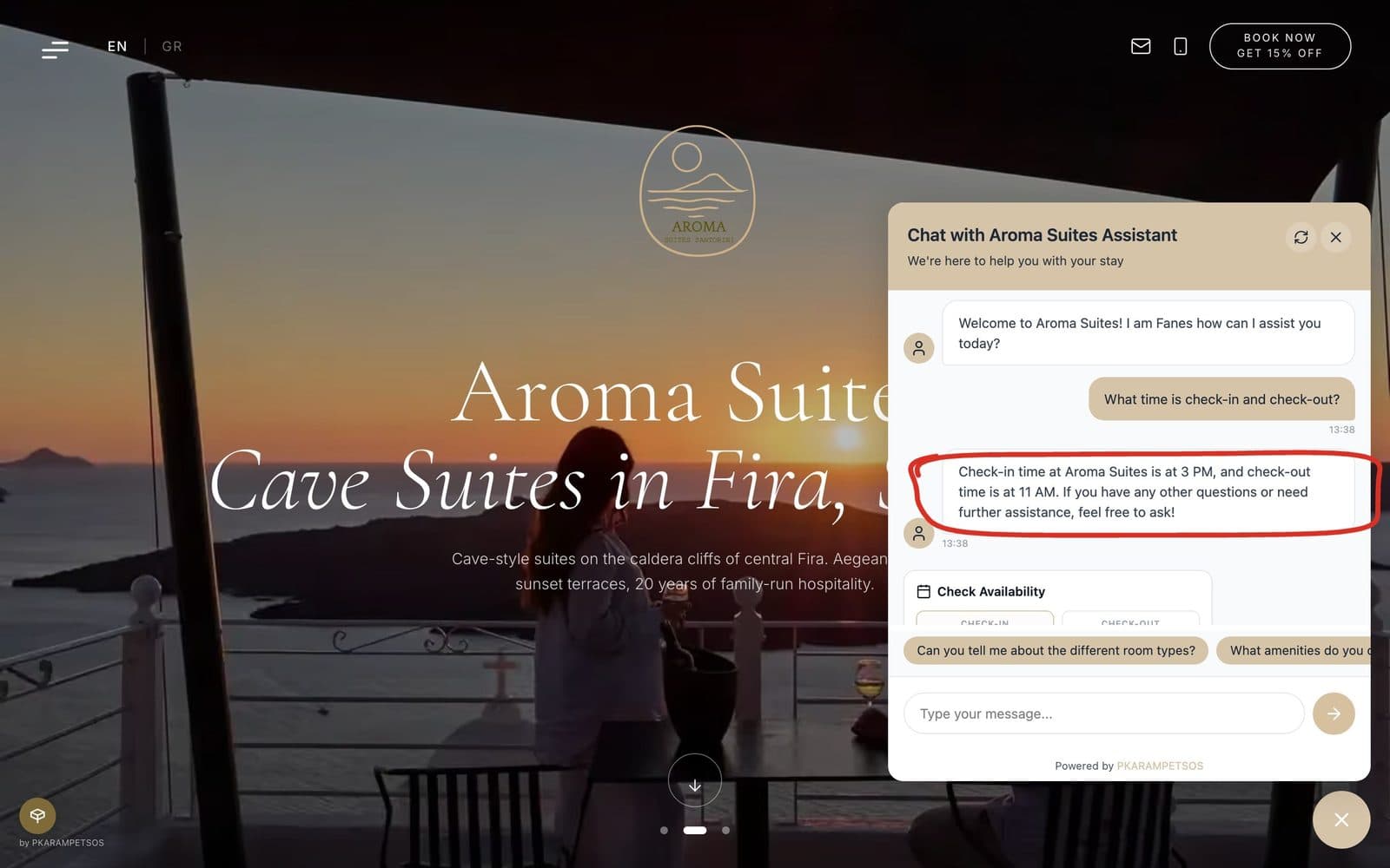 The Aroma Suites homepage with the chat open: a visitor asks "What time is check-in and check-out?" and the assistant answers 3 PM and 11 AM, circled in red, with an availability check below