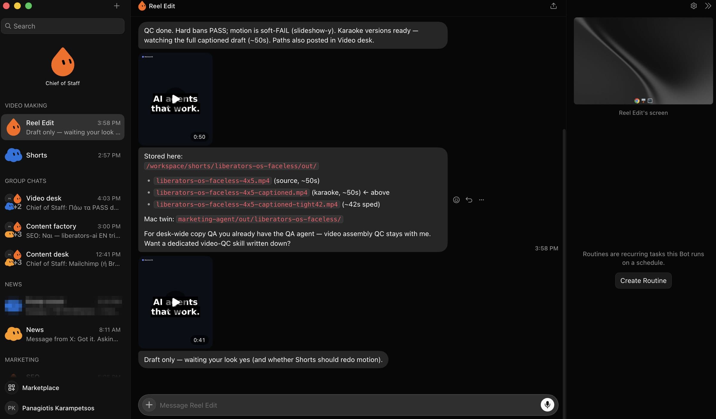 Grok Bot desktop app: a sidebar with named bots grouped by function, a chat where the Reel Edit bot reports a finished video check, and the bot's own screen in the right panel