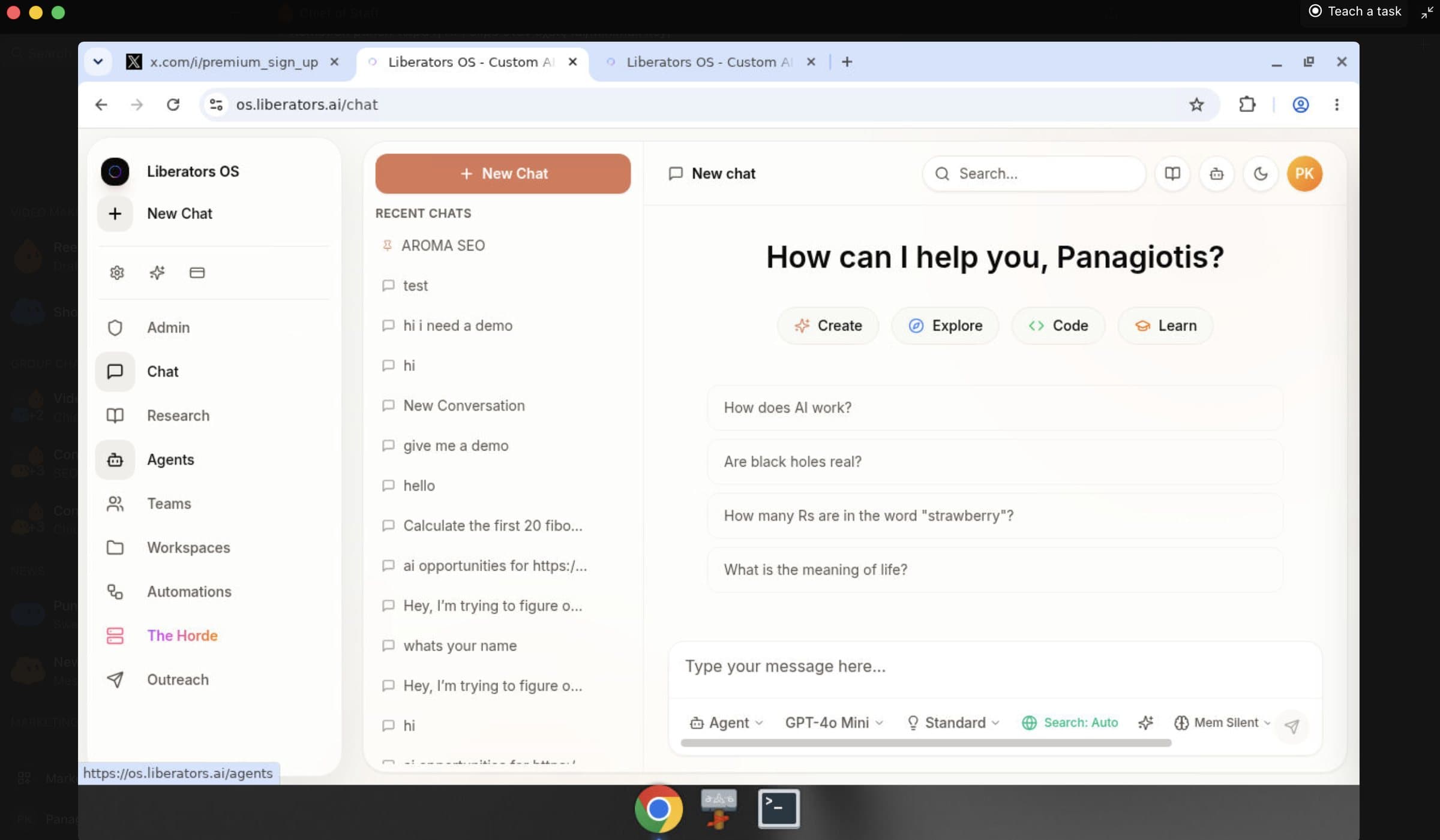 Teach a task mode in Grok Bot: the bot's screen shows a browser open on os.liberators.ai while the recording indicator sits in the top right corner