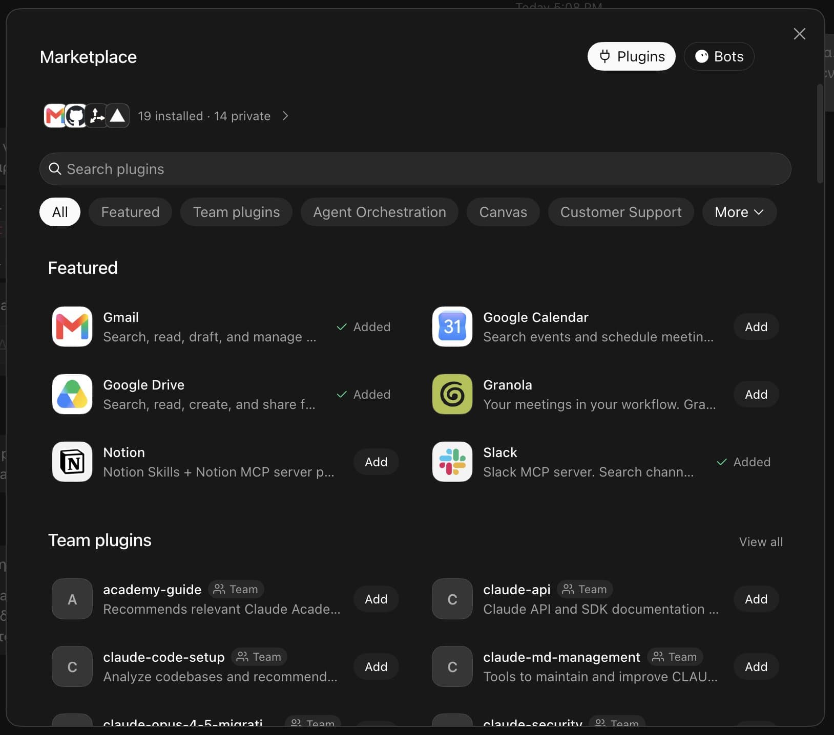 Grok Bot plugin marketplace with Gmail, Google Drive and Slack added, Google Calendar, Notion and Granola available, and a list of team plugins below