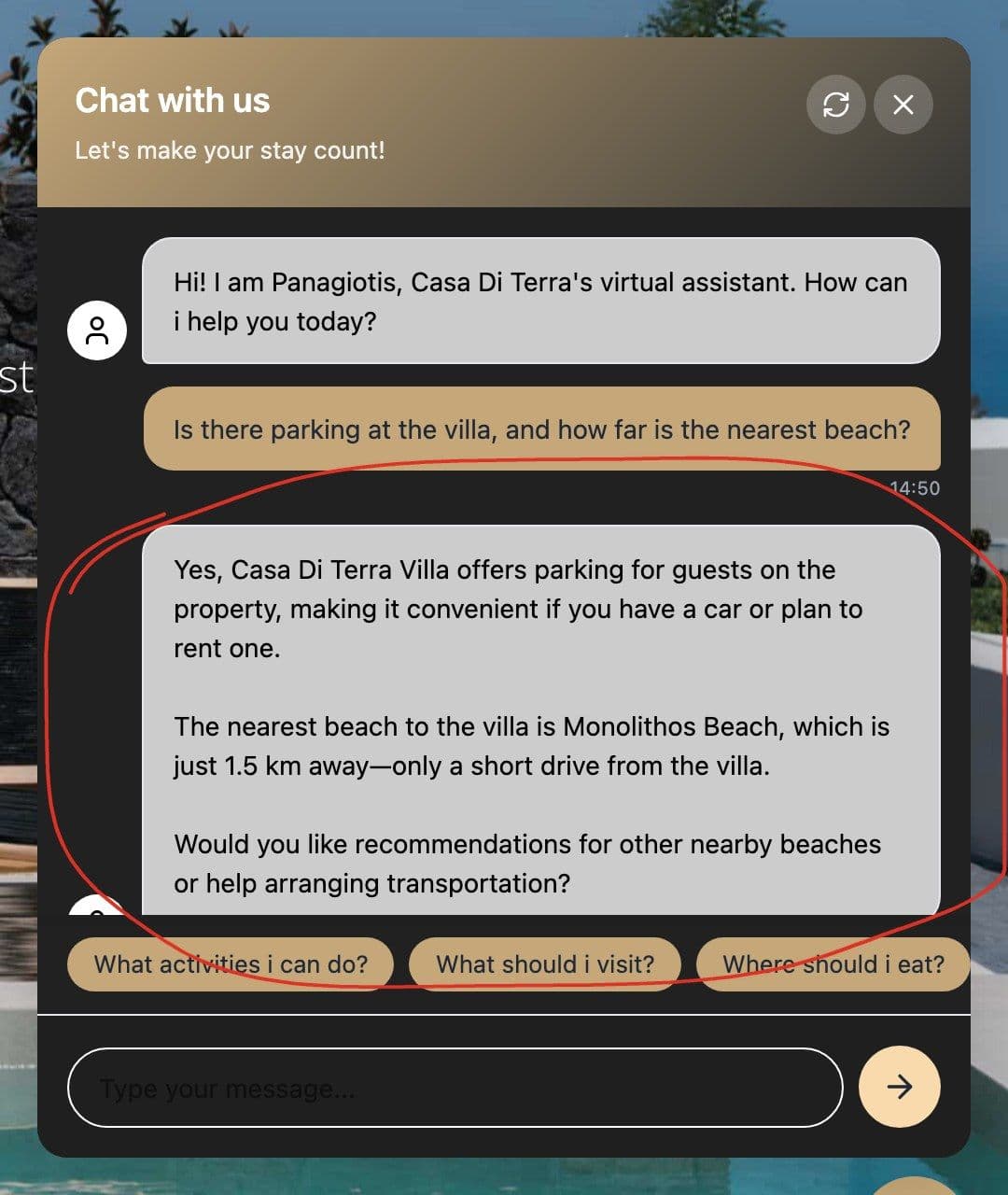 The Casa di Terra Villa chat assistant on the live website answering a guest question about parking and the nearest beach, with a red loop around the answer
