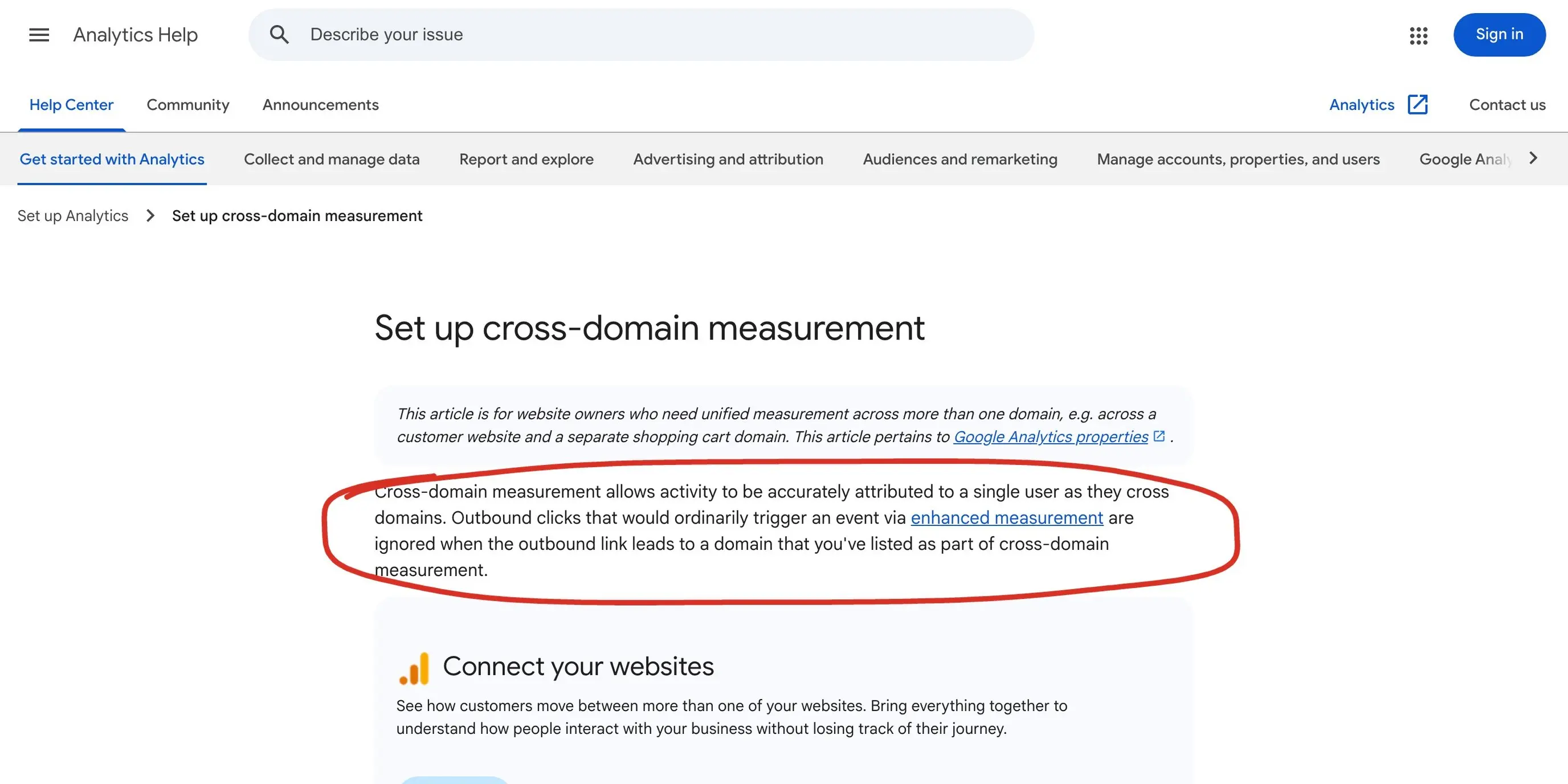 Google Analytics Help page on setting up cross-domain measurement, with the paragraph that explains what cross-domain measurement does circled