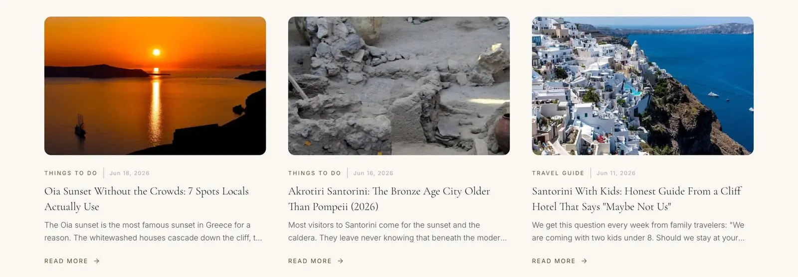 Three travel guide cards from the Discover section of aromasuites.com: Oia sunset spots, the Akrotiri archaeological site, and Santorini with kids