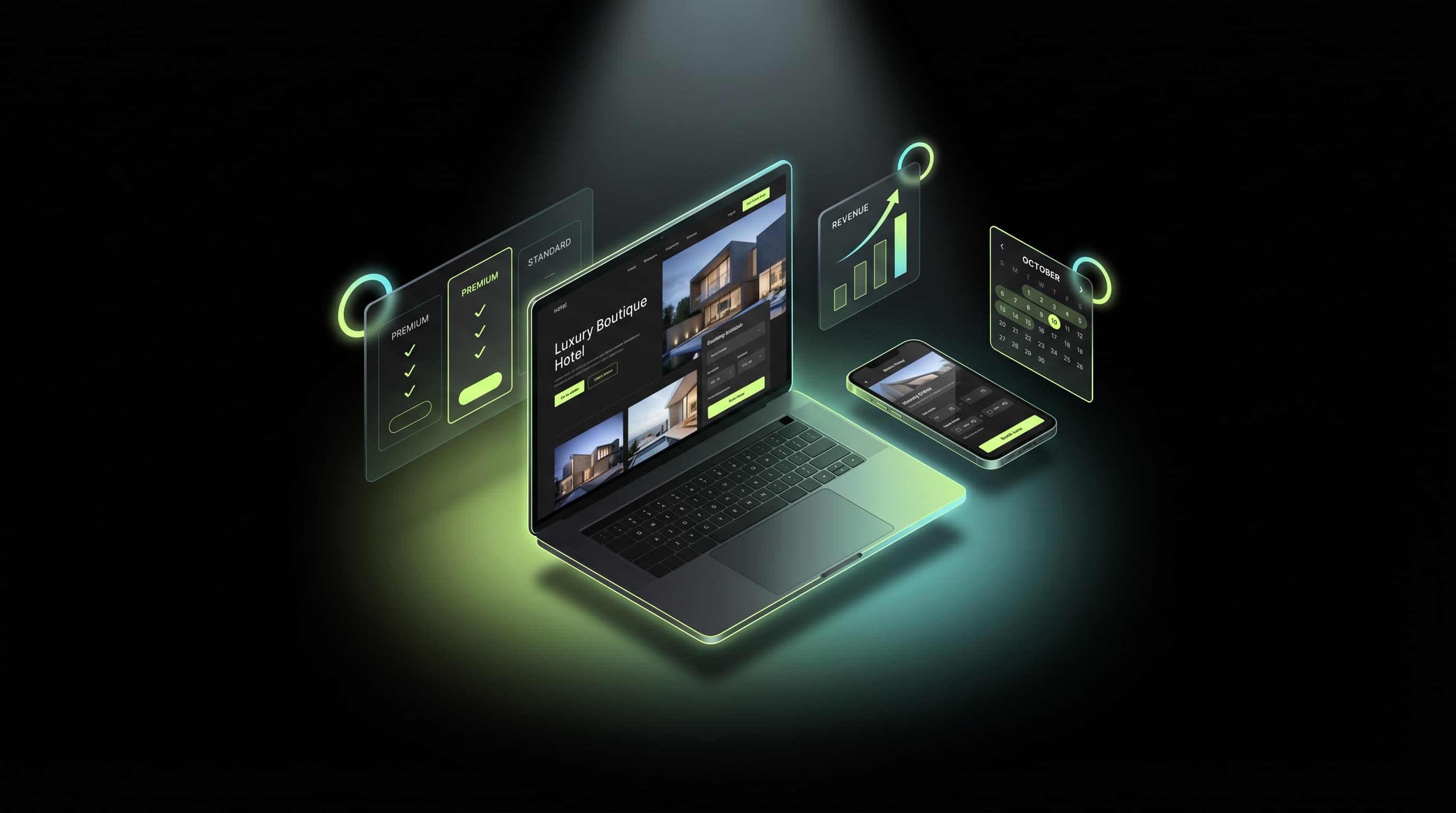 Isometric illustration of a luxury boutique hotel website on laptop and phone, with floating pricing cards, revenue chart, and booking calendar, lime green and cyan neon glow on black background