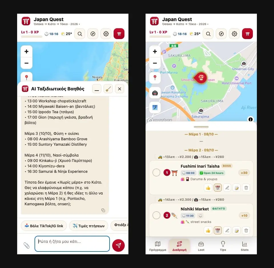 Japan Quest before release: the AI assistant's day-by-day programme for Kyoto, next to day 2 of the route with Fushimi Inari at 08:00 and Nishiki Market at 11:30