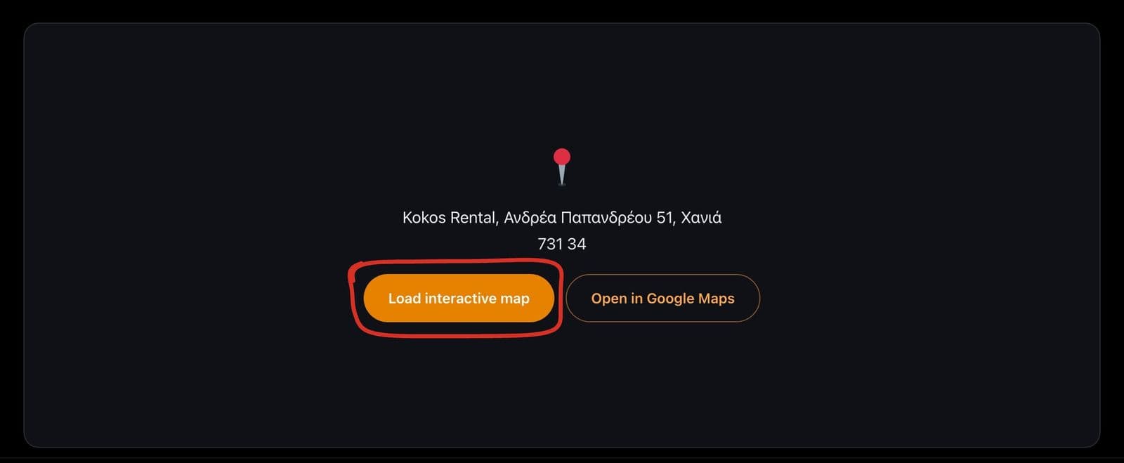 The map block on the kokosrental.gr contact page: a pin, the Chania address, a Load interactive map button circled in red and an Open in Google Maps button, with no map loaded yet
