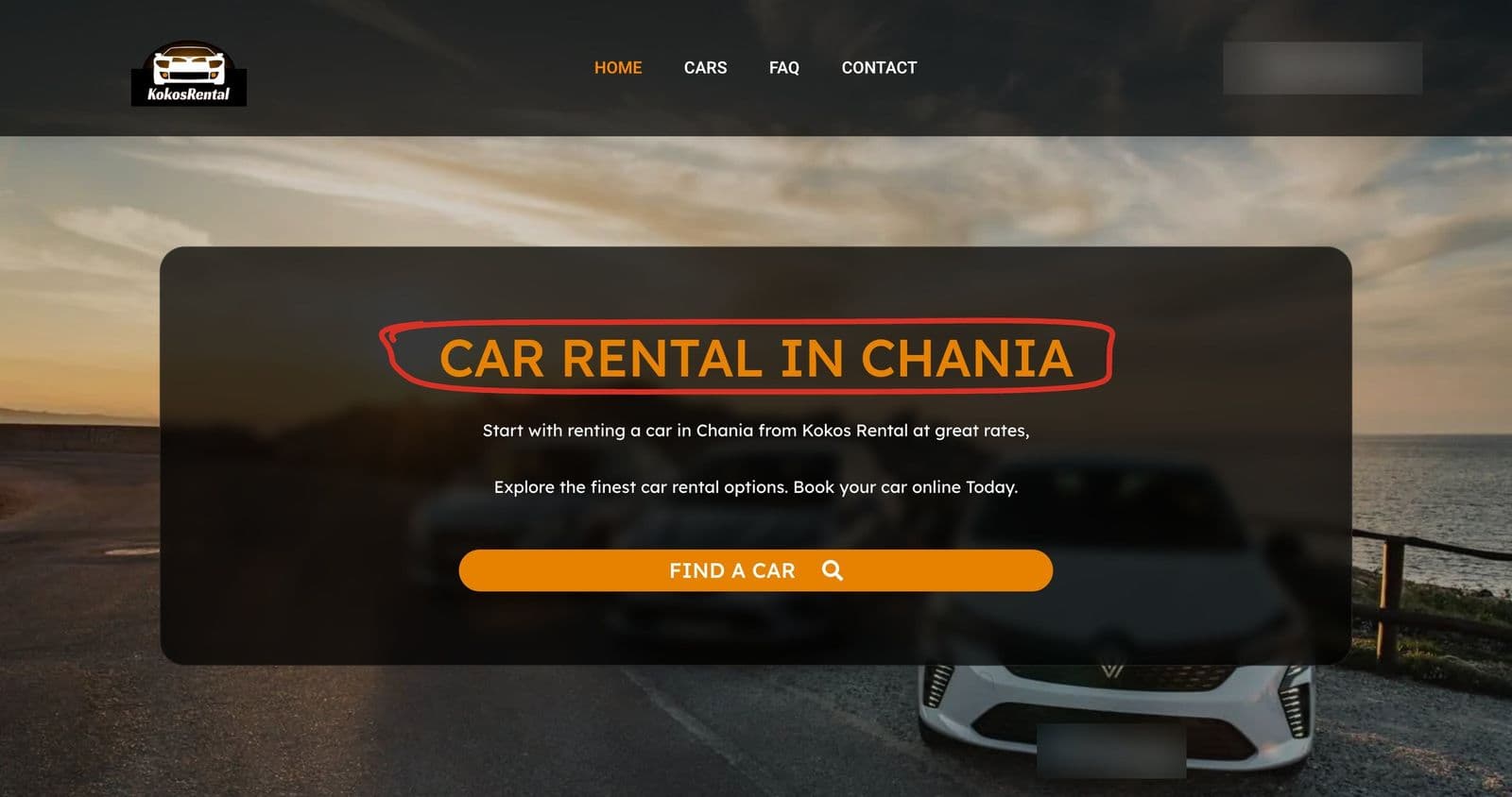 The kokosrental.gr homepage on desktop: the Kokos Rental logo, the heading Car Rental in Chania circled in red and an orange Find a Car button over a photo of a car by the sea