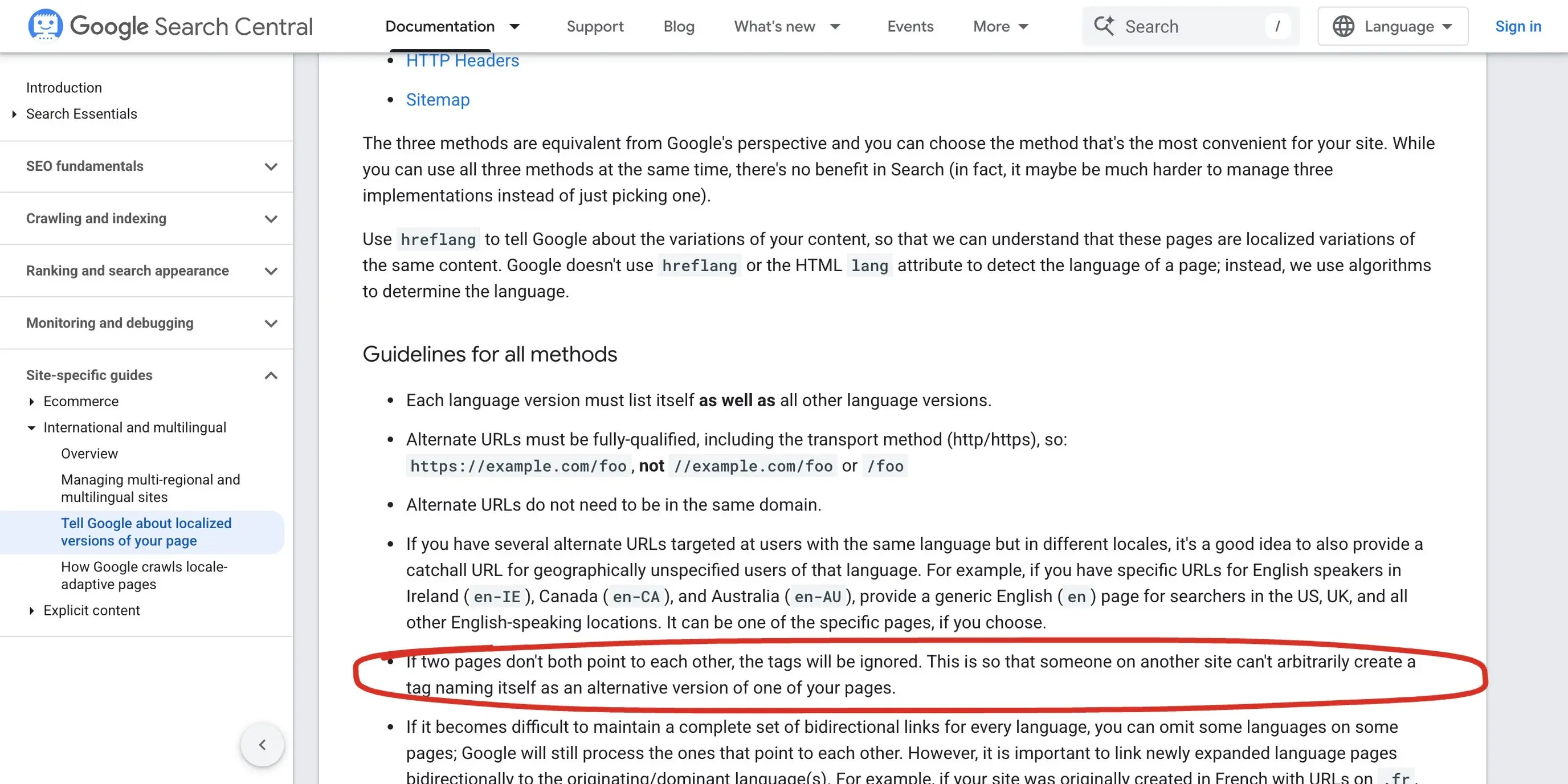 Google Search Central's page on localized versions, with the guideline about pages that do not point to each other circled