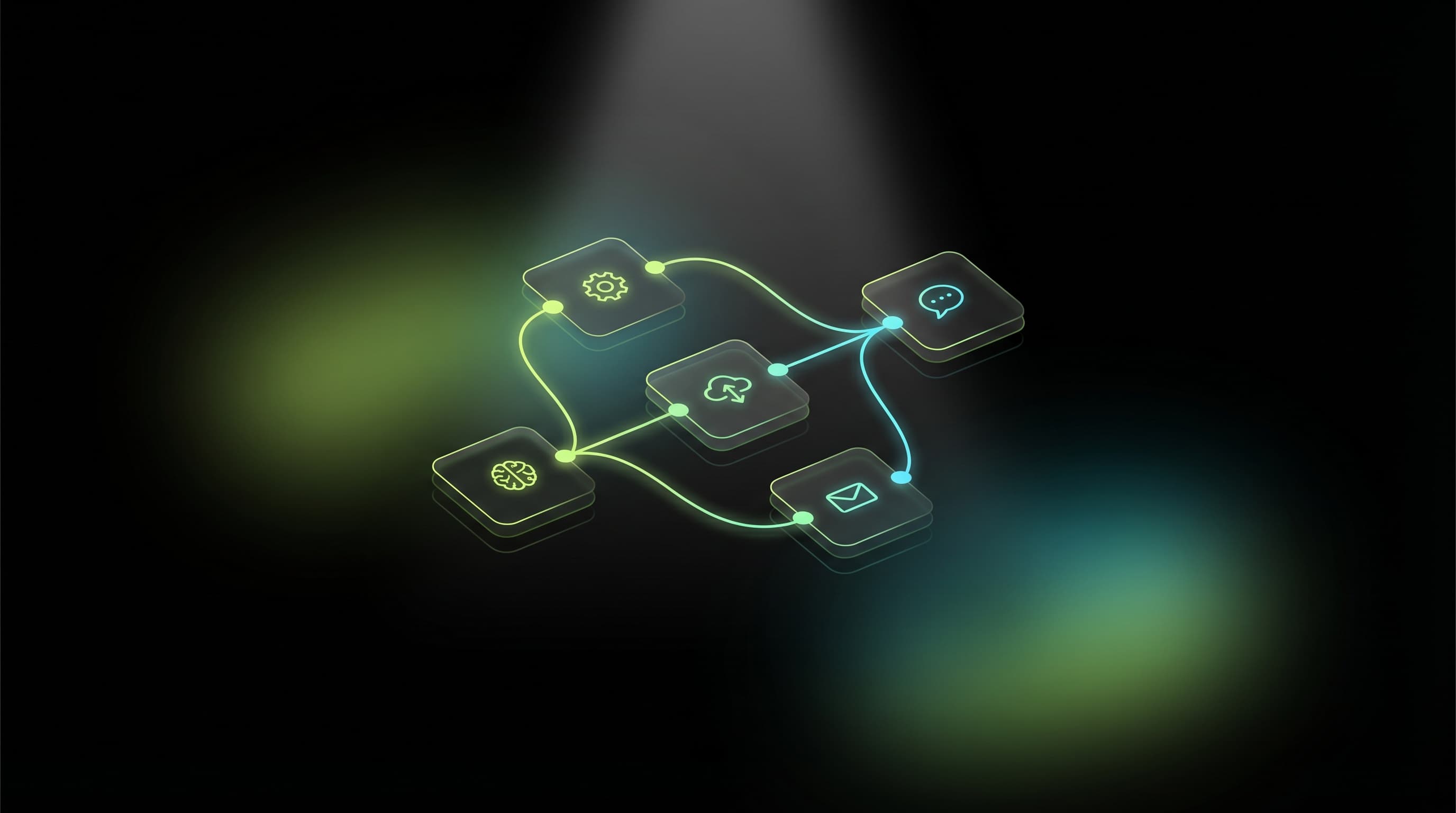Glassmorphism node graph workflow with brain, gear, cloud, email, and chat icons connected by flowing lime green and cyan lines, dark editorial background