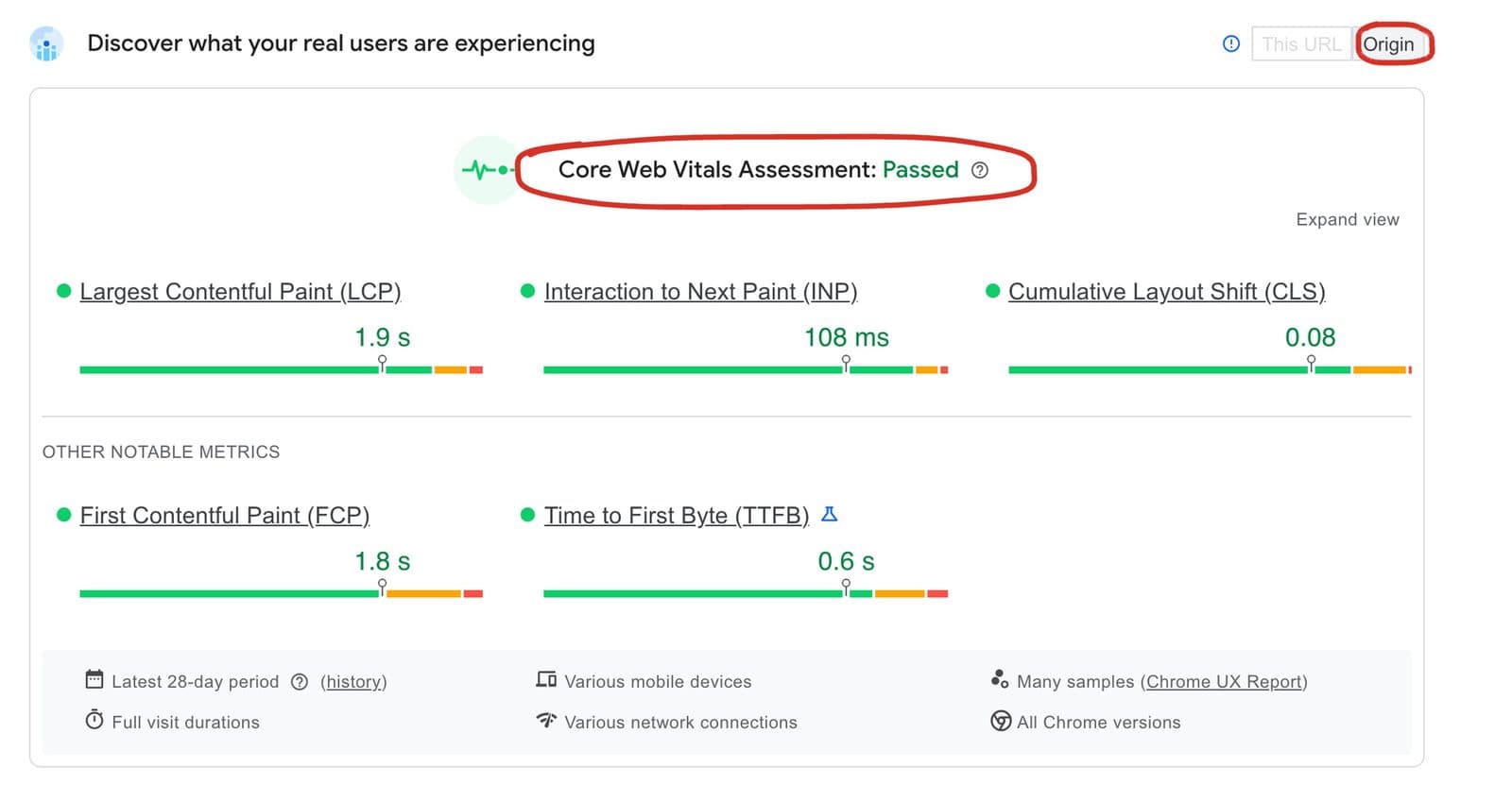 Το PageSpeed Insights για το aromasuites.com στις 6 Οκτωβρίου 2026, με κυκλωμένα το «Core Web Vitals Assessment: Passed» και την καρτέλα Origin