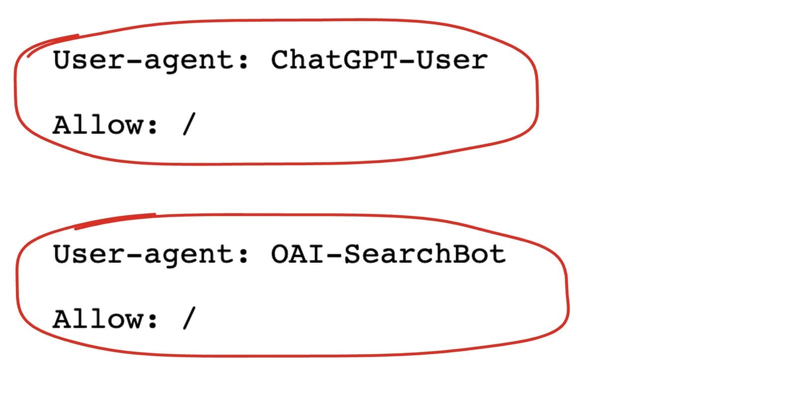 Το robots.txt του pkarampetsos.com, με κυκλωμένους τους κανόνες που επιτρέπουν τα ChatGPT-User και OAI-SearchBot