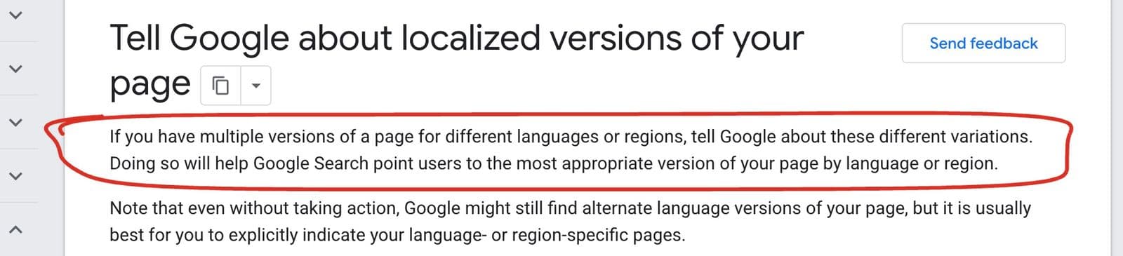 Η σελίδα τεκμηρίωσης της Google «Tell Google about localized versions of your page», με κυκλωμένη την πρώτη παράγραφο: αν έχεις εκδόσεις μιας σελίδας σε διαφορετικές γλώσσες, πες το στη Google ώστε να δείχνει στον χρήστη τη σωστή
