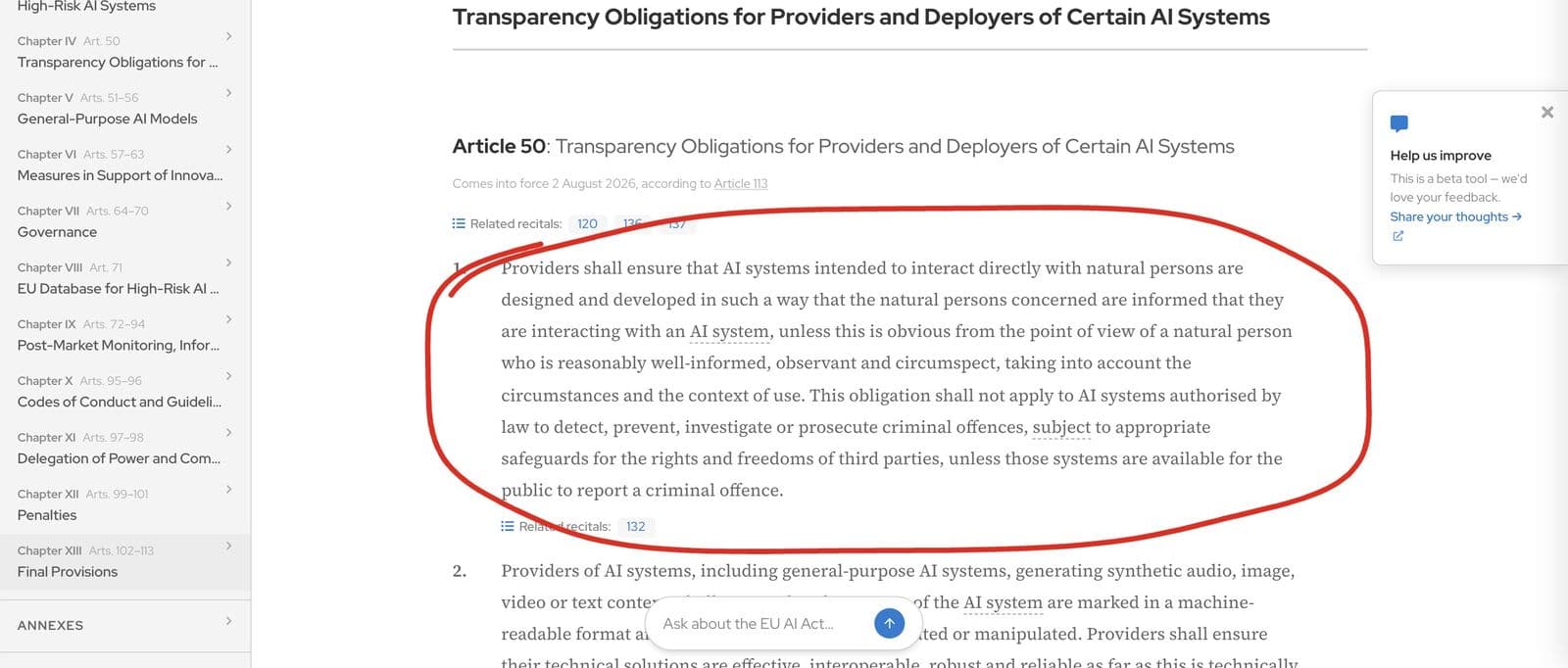 Η σελίδα του Άρθρου 50 του AI Act στο artificialintelligenceact.eu, με κόκκινο κύκλο στην παράγραφο που λέει ότι οι άνθρωποι πρέπει να ενημερώνονται πως μιλούν με σύστημα AI