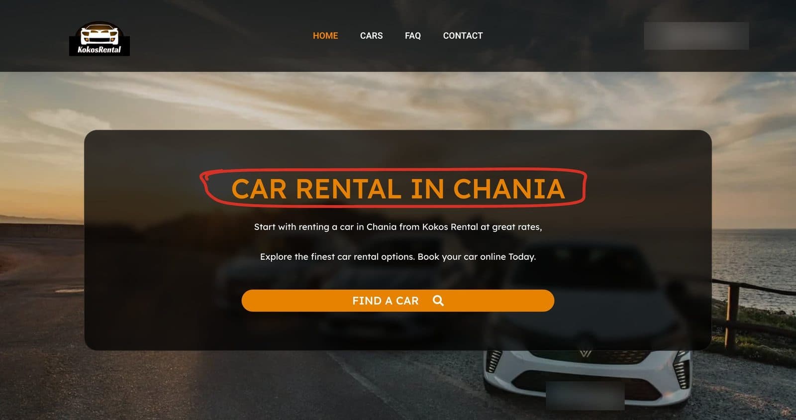 Η αρχική του kokosrental.gr σε desktop: το λογότυπο Kokos Rental, ο τίτλος Car Rental in Chania κυκλωμένος με κόκκινο και ένα πορτοκαλί κουμπί Find a Car πάνω από φωτογραφία αυτοκινήτου δίπλα στη θάλασσα