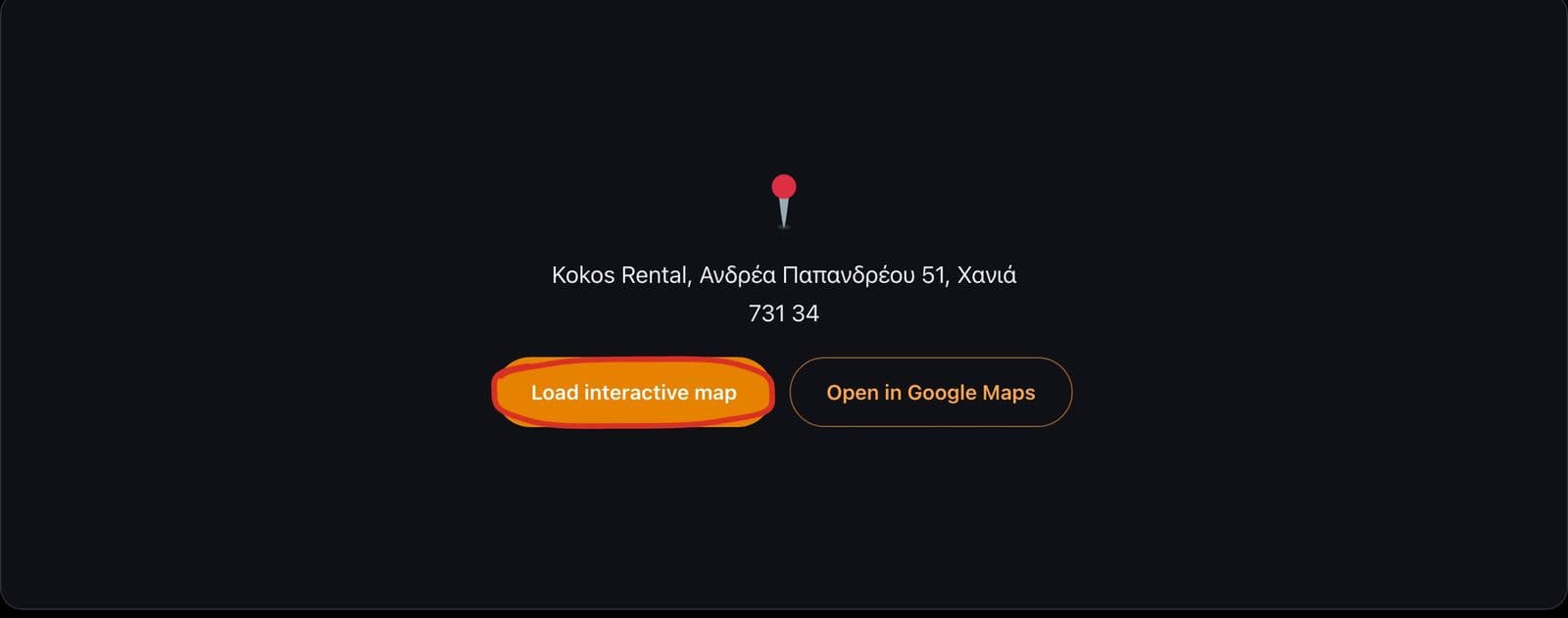Η σελίδα επικοινωνίας του kokosrental.gr στις 6 Οκτωβρίου 2026, με κυκλωμένο το κουμπί «Load interactive map» που φορτώνει τον χάρτη μόνο όταν πατηθεί