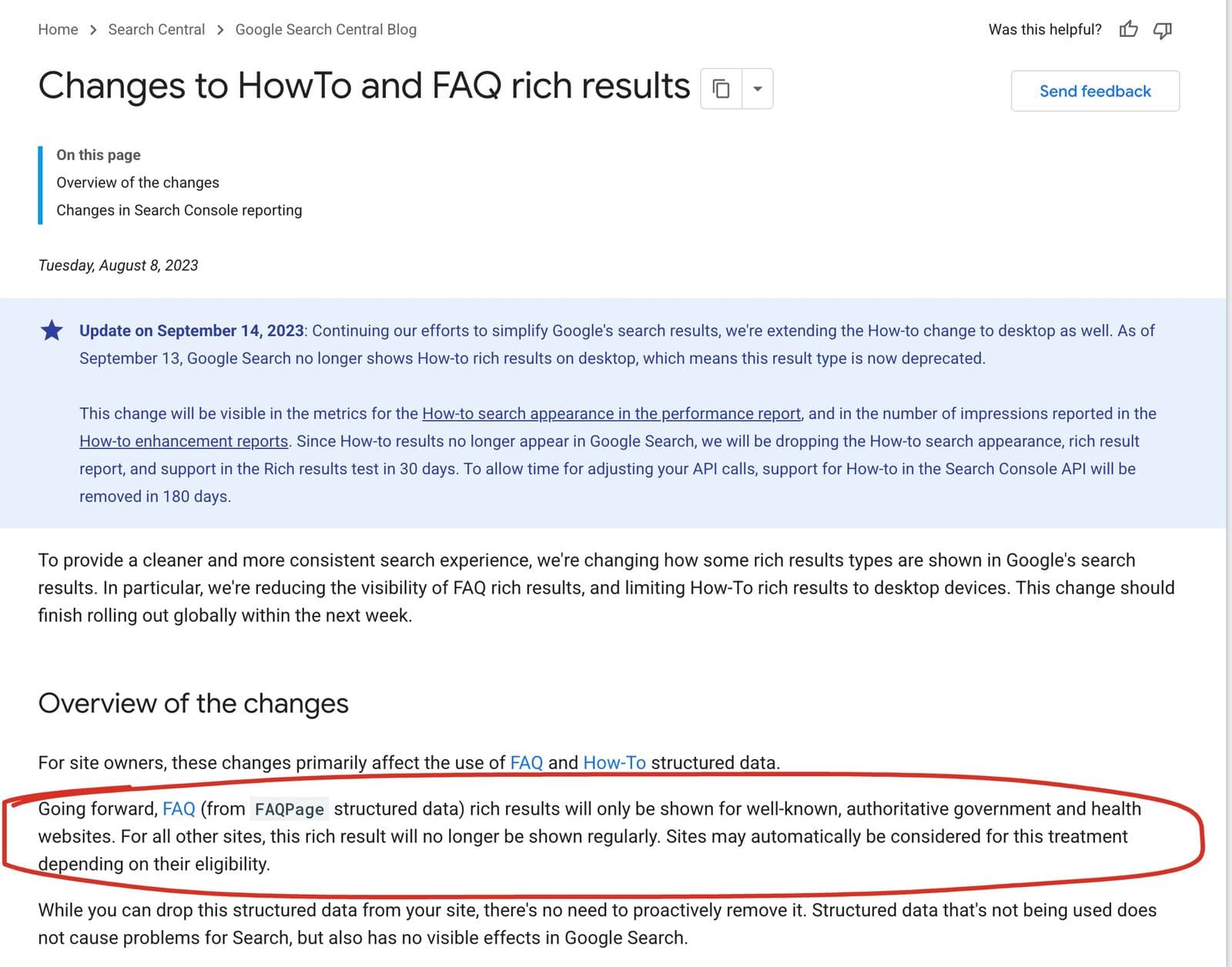 Google Search Central blog post "Changes to HowTo and FAQ rich results", with the sentence limiting FAQ rich results to government and health websites circled