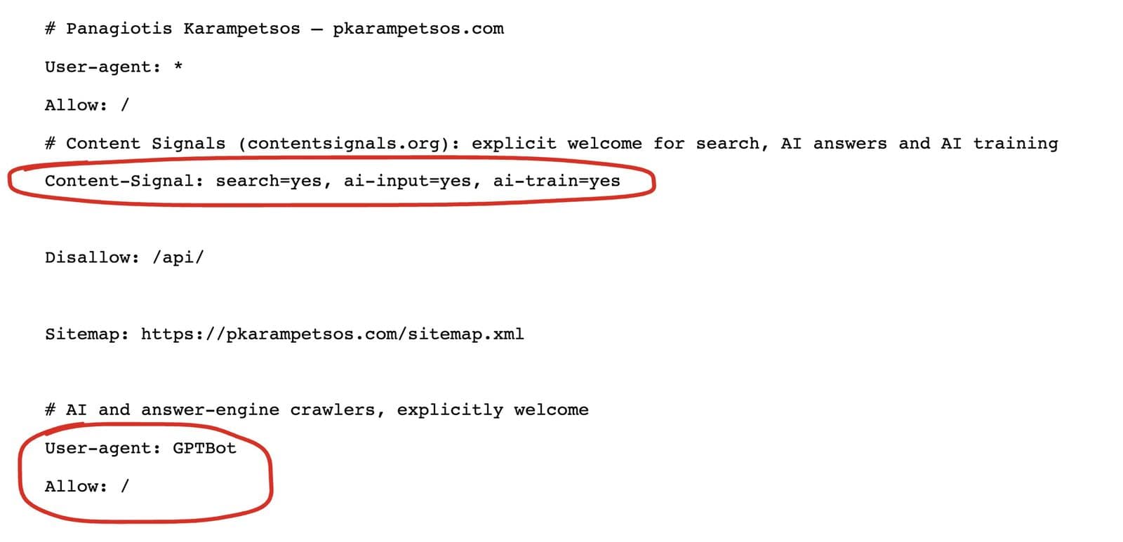 Το αρχείο robots.txt του pkarampetsos.com, με κυκλωμένη τη γραμμή Content-Signal που επιτρέπει αναζήτηση, απαντήσεις AI και εκπαίδευση, και τον κανόνα που επιτρέπει το GPTBot