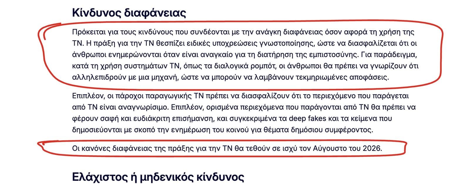 Η ελληνική σελίδα της Ευρωπαϊκής Επιτροπής για την πράξη για την ΤΝ, ενότητα «Κίνδυνος διαφάνειας», με δύο κόκκινους κύκλους: την παράγραφο που λέει ότι όσοι μιλούν με διαλογικά ρομπότ πρέπει να ξέρουν ότι αλληλεπιδρούν με μηχανή, και τη γραμμή ότι οι κανόνες διαφάνειας ισχύουν από τον Αύγουστο του 2026