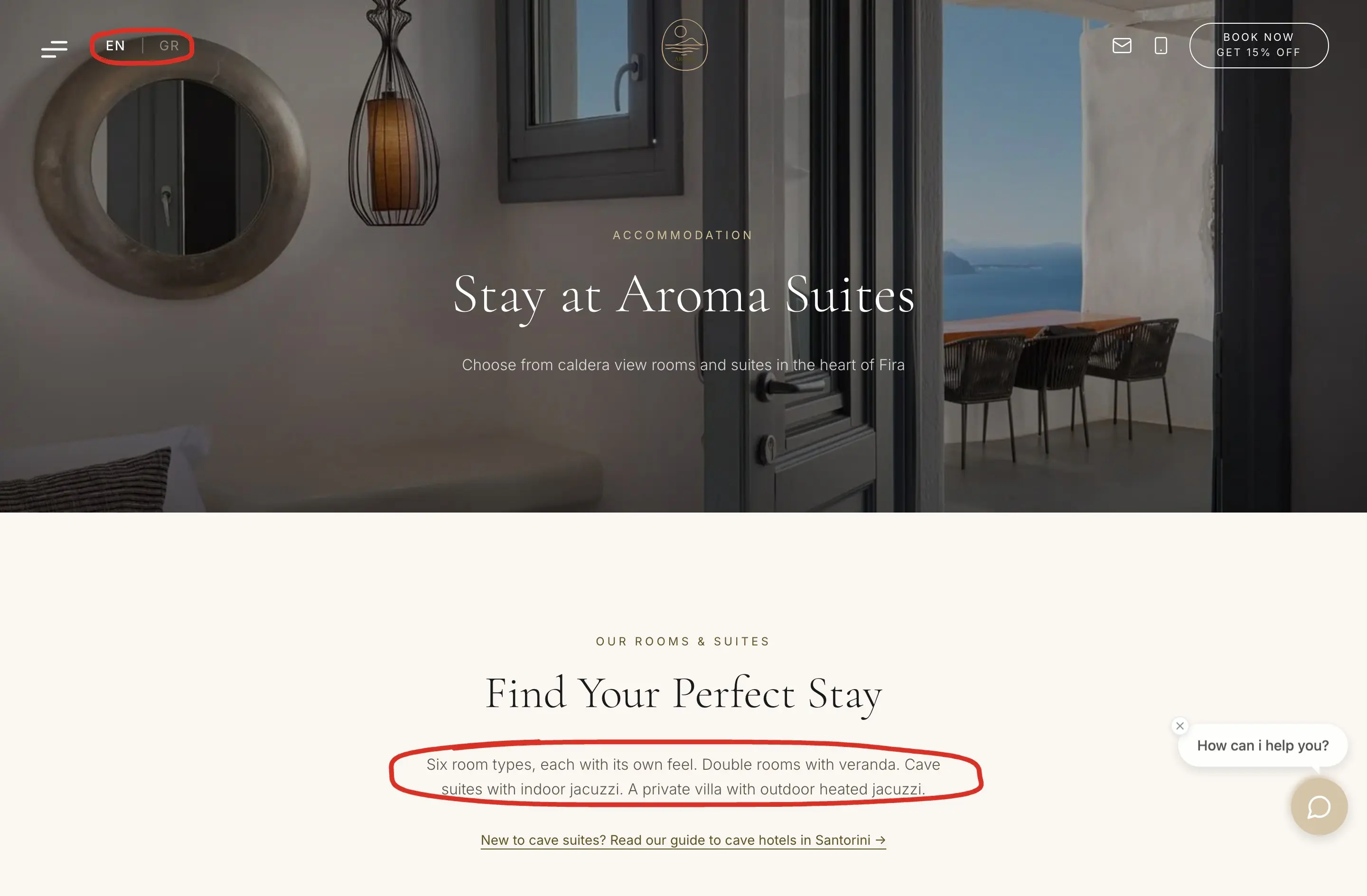 The Aroma Suites accommodation page: the EN and GR language switch in the header circled in red, and below it the line six room types, double rooms with veranda, cave suites with indoor jacuzzi, a private villa, also circled