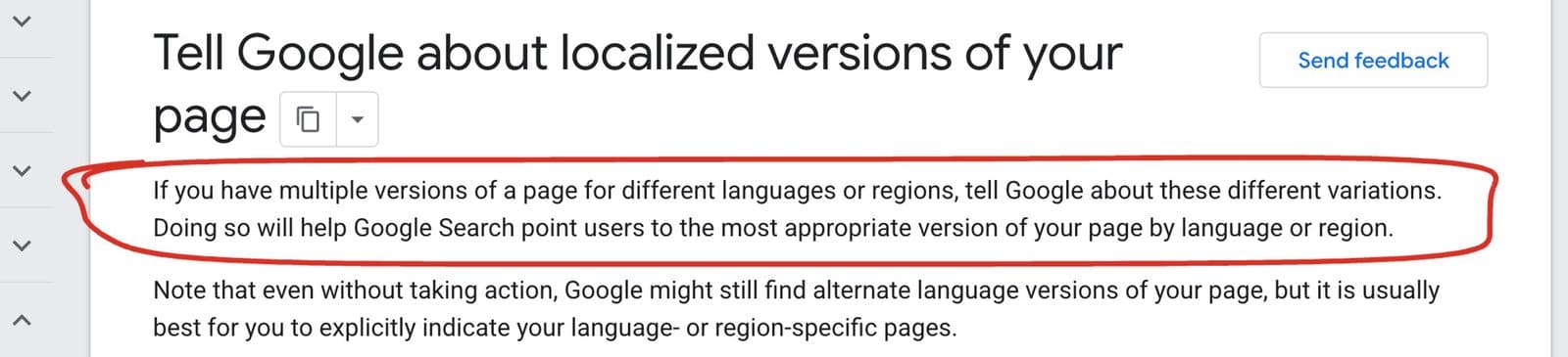 Google's documentation page "Tell Google about localized versions of your page", with the first paragraph circled: if you have versions of a page in different languages, tell Google so it can show users the right one