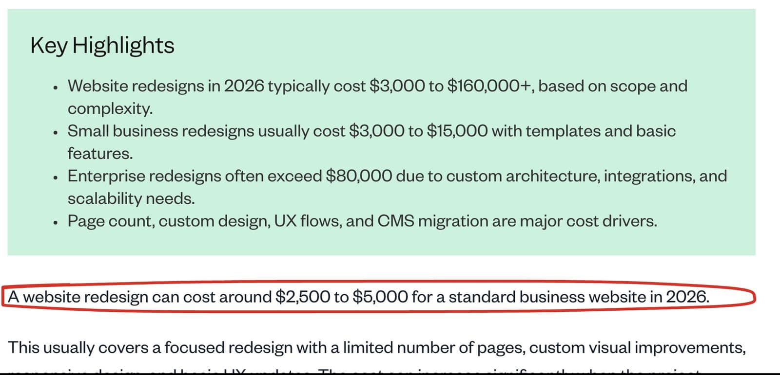 Tenet's redesign cost guide as published on 6 October 2026, with its one-line estimate for a standard business site circled