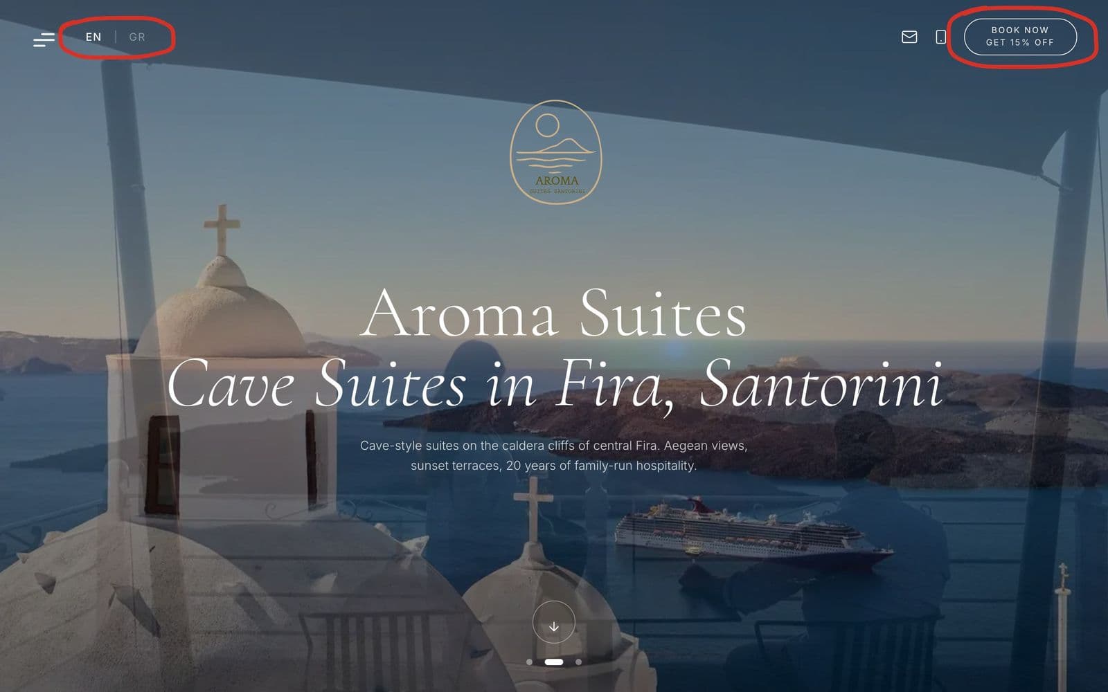 The rebuilt aromasuites.com homepage on 6 October 2026, with the EN and GR language switch circled top left and the Book Now button circled top right