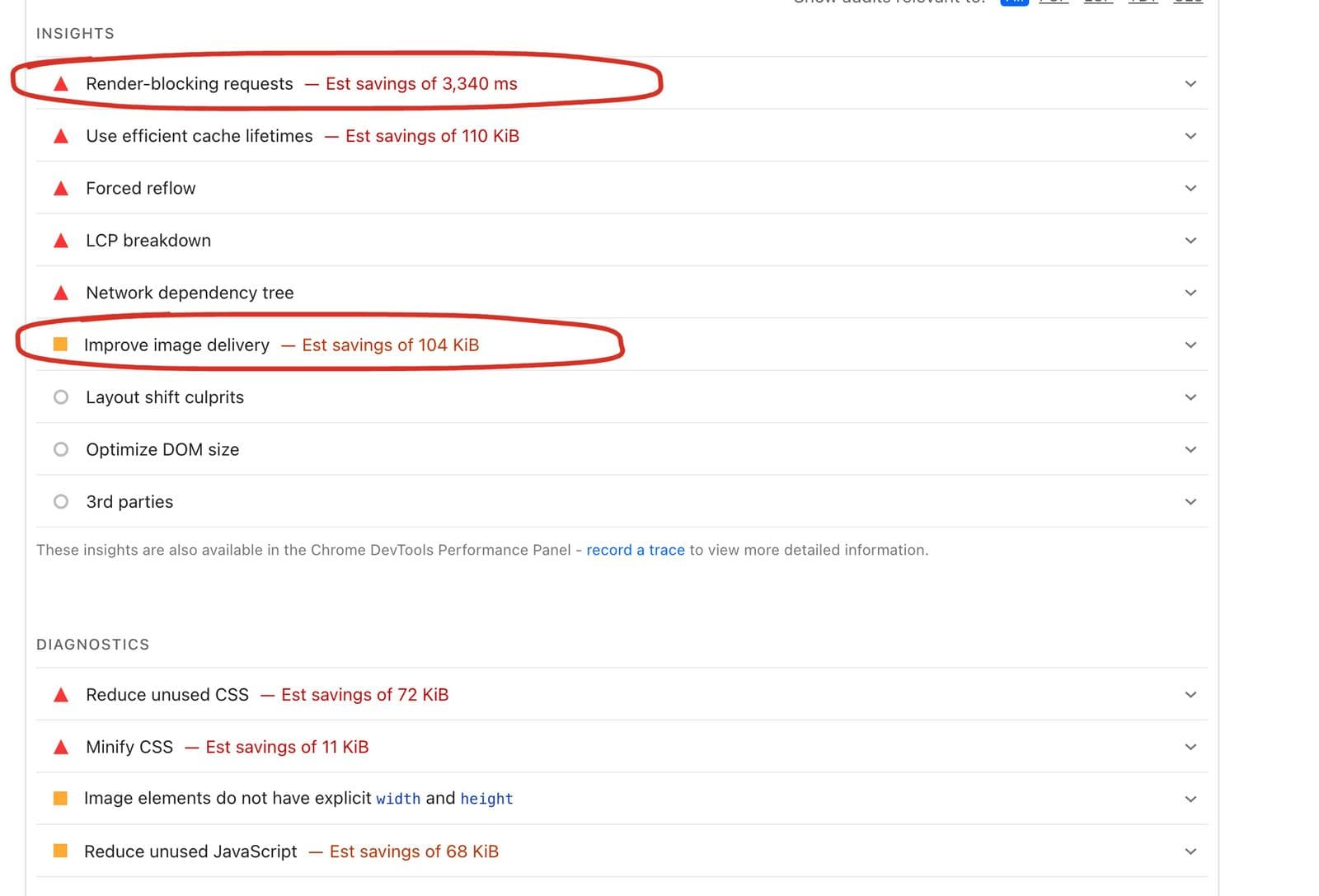 PageSpeed Insights for kokosrental.gr on 6 October 2026, with "Render-blocking requests, est savings of 3,340 ms" and "Improve image delivery, est savings of 104 KiB" circled
