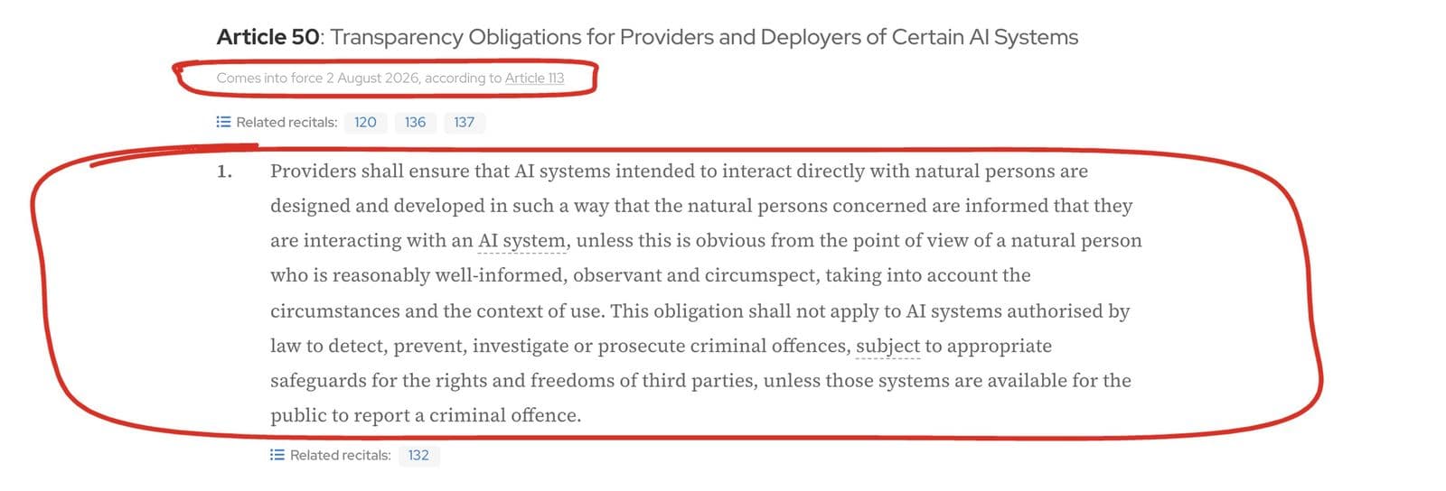 Article 50 of the EU AI Act on artificialintelligenceact.eu, with two red circles: the line saying it comes into force on 2 August 2026, and paragraph 1, which says people must be informed they are interacting with an AI system