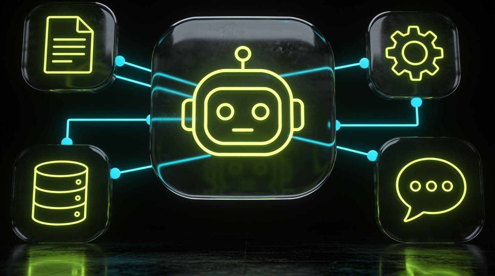Abstract render on a black background: a glass tile with a neon robot head linked by light lines to smaller tiles for a document, a gear, a database and a chat bubble