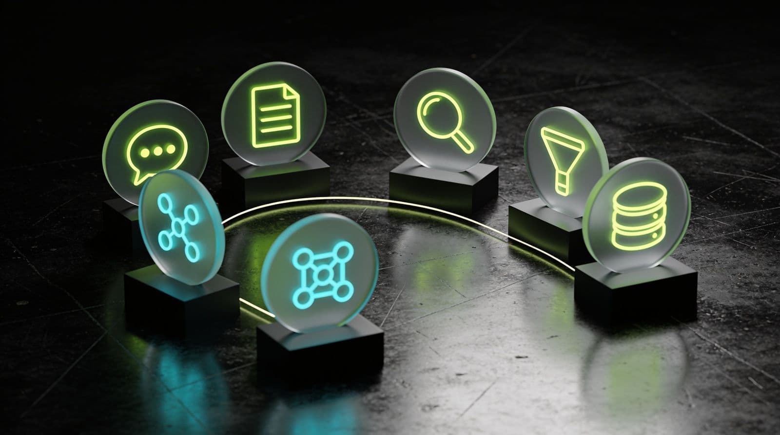 Seven glass discs in an arc on a black reflective floor, each with a lime or cyan neon icon: a chat bubble, a document, a magnifying glass, a funnel, a database and two network diagrams, joined by one line of light