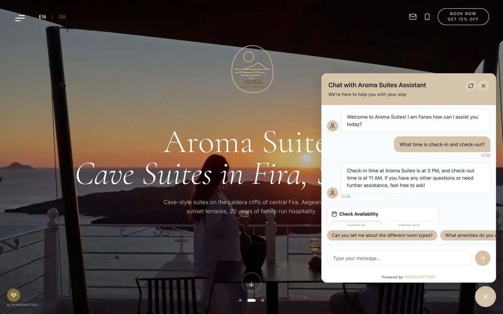 The Aroma Suites homepage with the chat open: a guest asks for check-in and check-out times, the assistant answers 3 PM and 11 AM, and a Check Availability panel with date fields opens under the answer