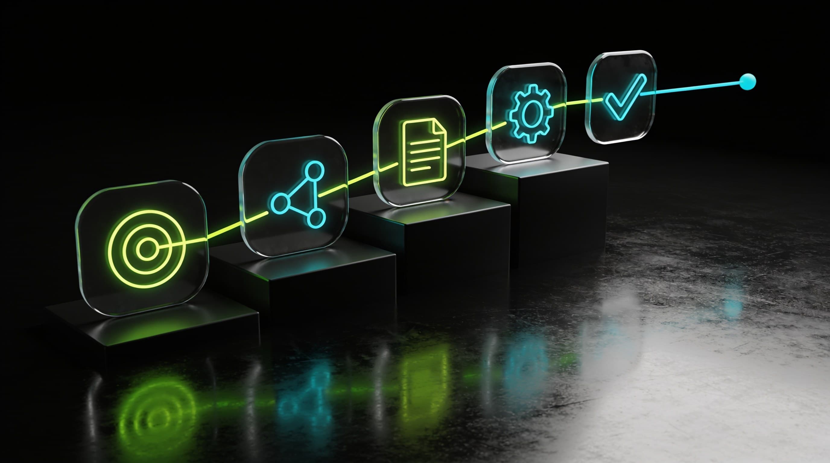 Five glass tiles rising left to right like steps on a black background, each with a lime or cyan neon icon: a target, a flowchart, a document, a gear and a check mark, joined by one line of light