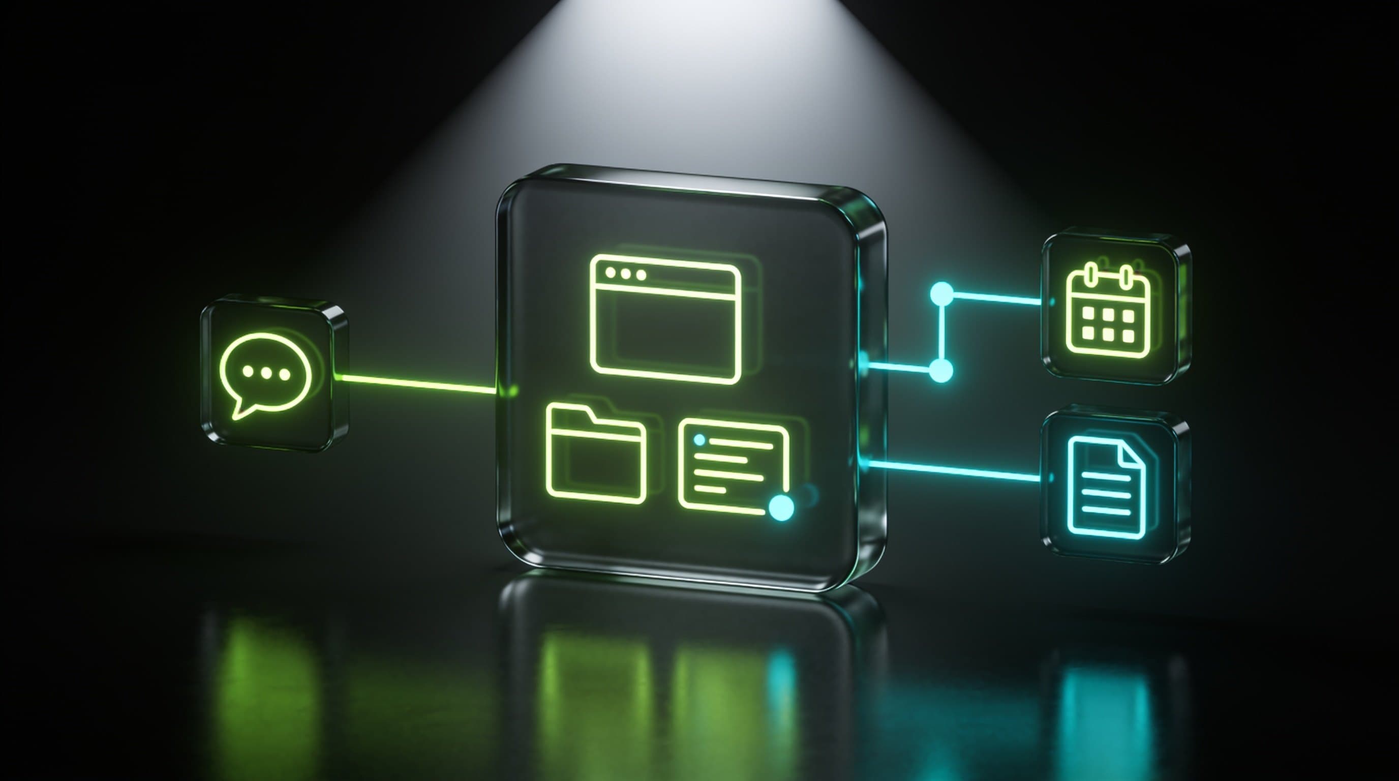 Grok Bot's cloud computer with an open browser, files and a terminal, and next to it a chat message assigning it a task, on a black background with lime green and cyan neon lines