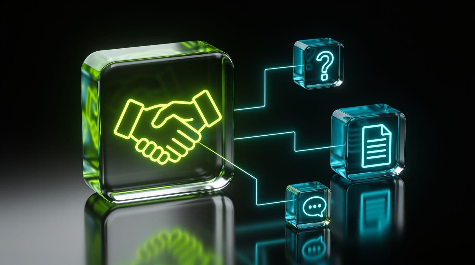 Abstract render on a black background: a glass tile with a lime neon handshake linked by thin light lines to smaller cyan tiles showing a question mark, a document and a chat bubble