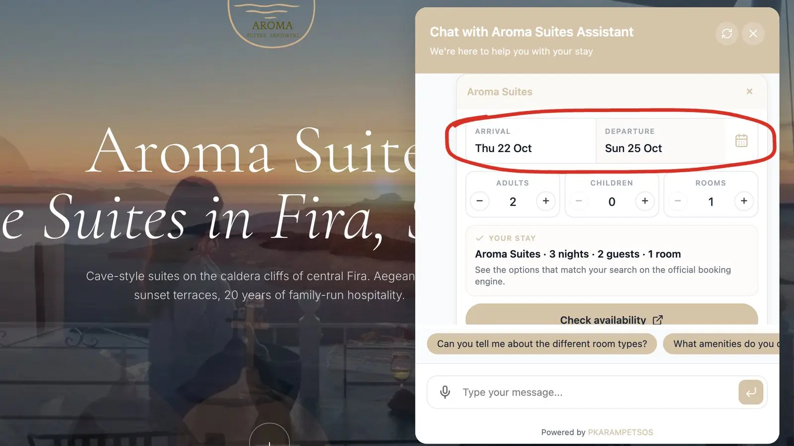 The aromasuites.com homepage with the AI concierge open: a booking card with arrival Thu 22 Oct and departure Sun 25 Oct circled in red, 2 adults, 1 room, a summary of 3 nights, 2 guests, 1 room, and a Check availability button that leads to the hotel's own booking engine