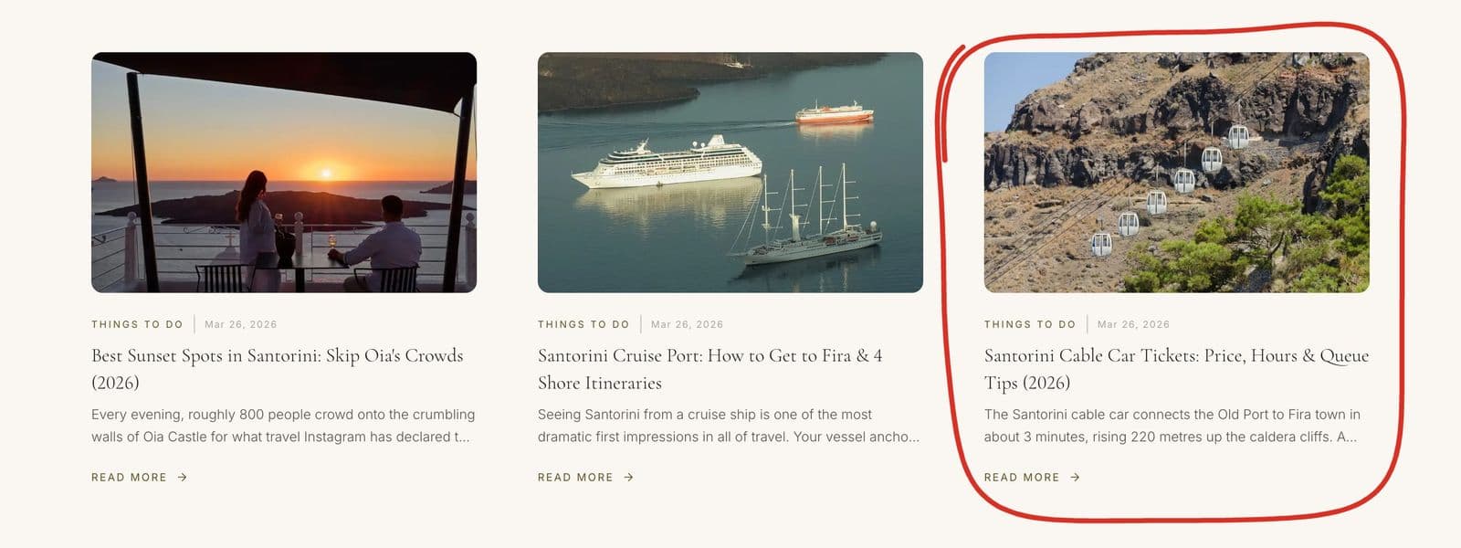 A row of guide cards in the Discover section of aromasuites.com, with the card for the Santorini Cable Car Tickets guide circled in red