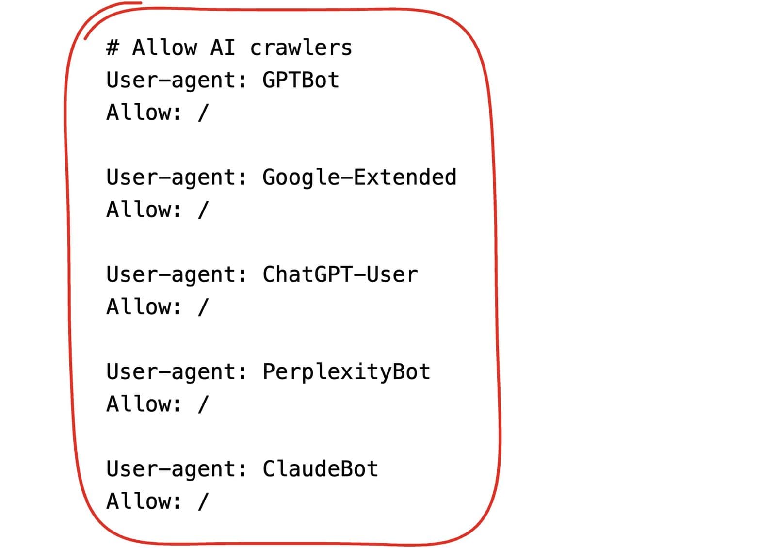 Part of the robots.txt file on aromasuites.com, with the block under the comment Allow AI crawlers circled in red: GPTBot, Google-Extended, ChatGPT-User, PerplexityBot and ClaudeBot, each followed by Allow: /