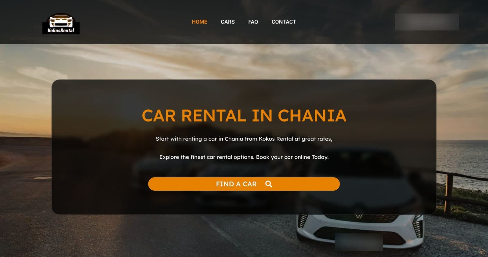 The kokosrental.gr homepage on desktop: the Kokos Rental logo, the heading Car Rental in Chania and an orange Find a Car button over a photo of a car by the sea