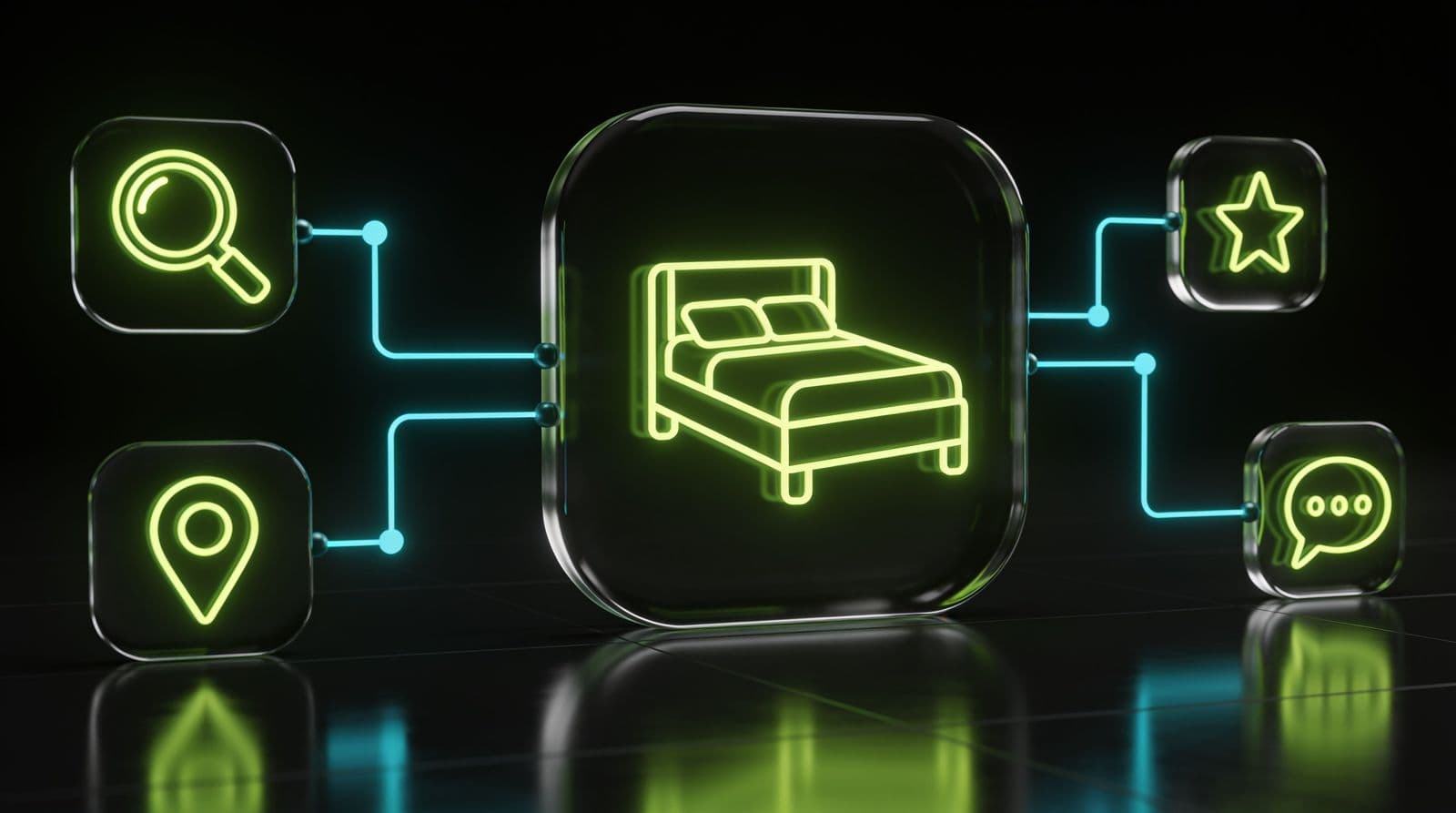 Abstract render on a black background: a glass tile with a neon bed icon linked by light lines to smaller tiles for search, map pin, star rating and chat