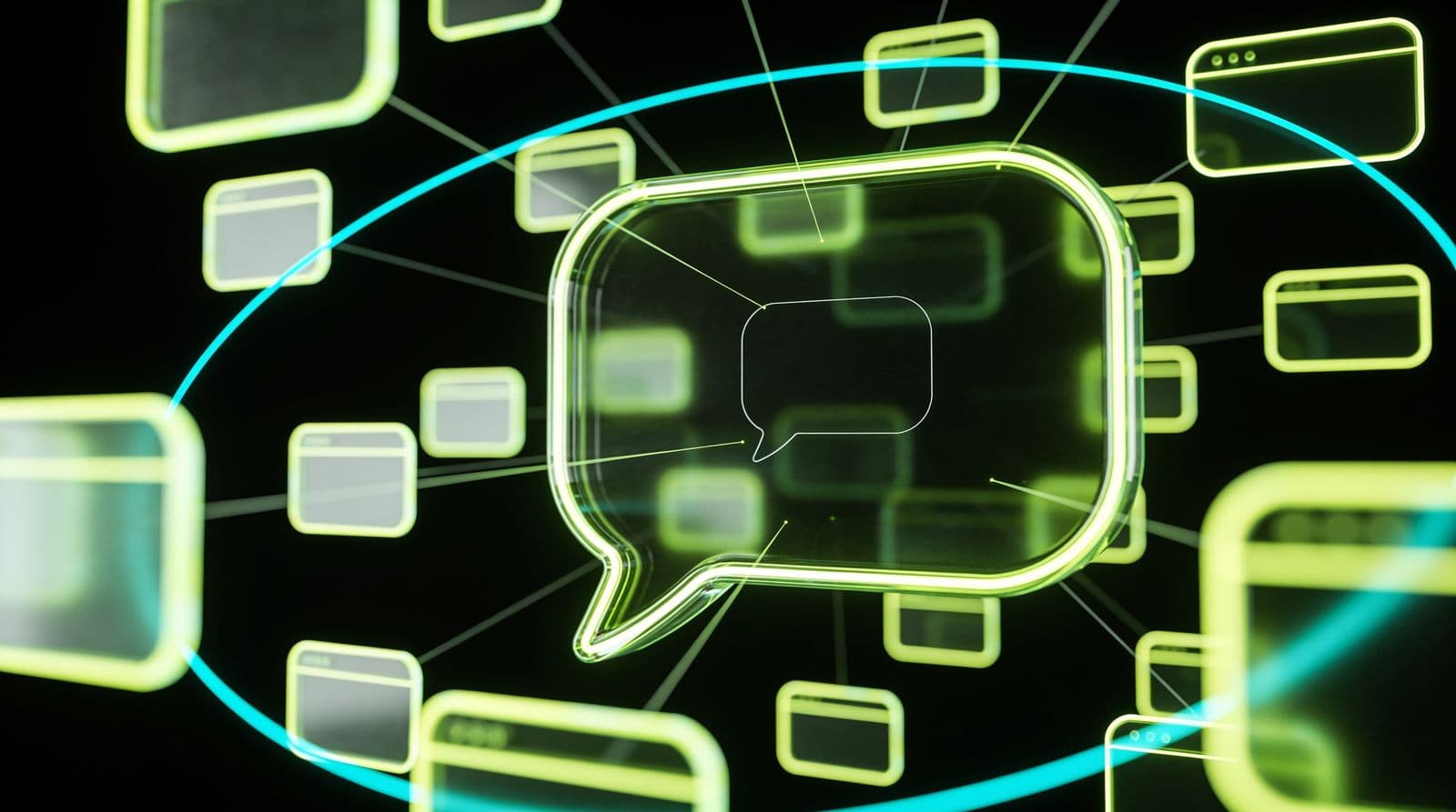 An abstract glass chat bubble glowing in lime on a black background, surrounded by small glowing source cards joined to it by thin lines of light, with one faint card left unconnected